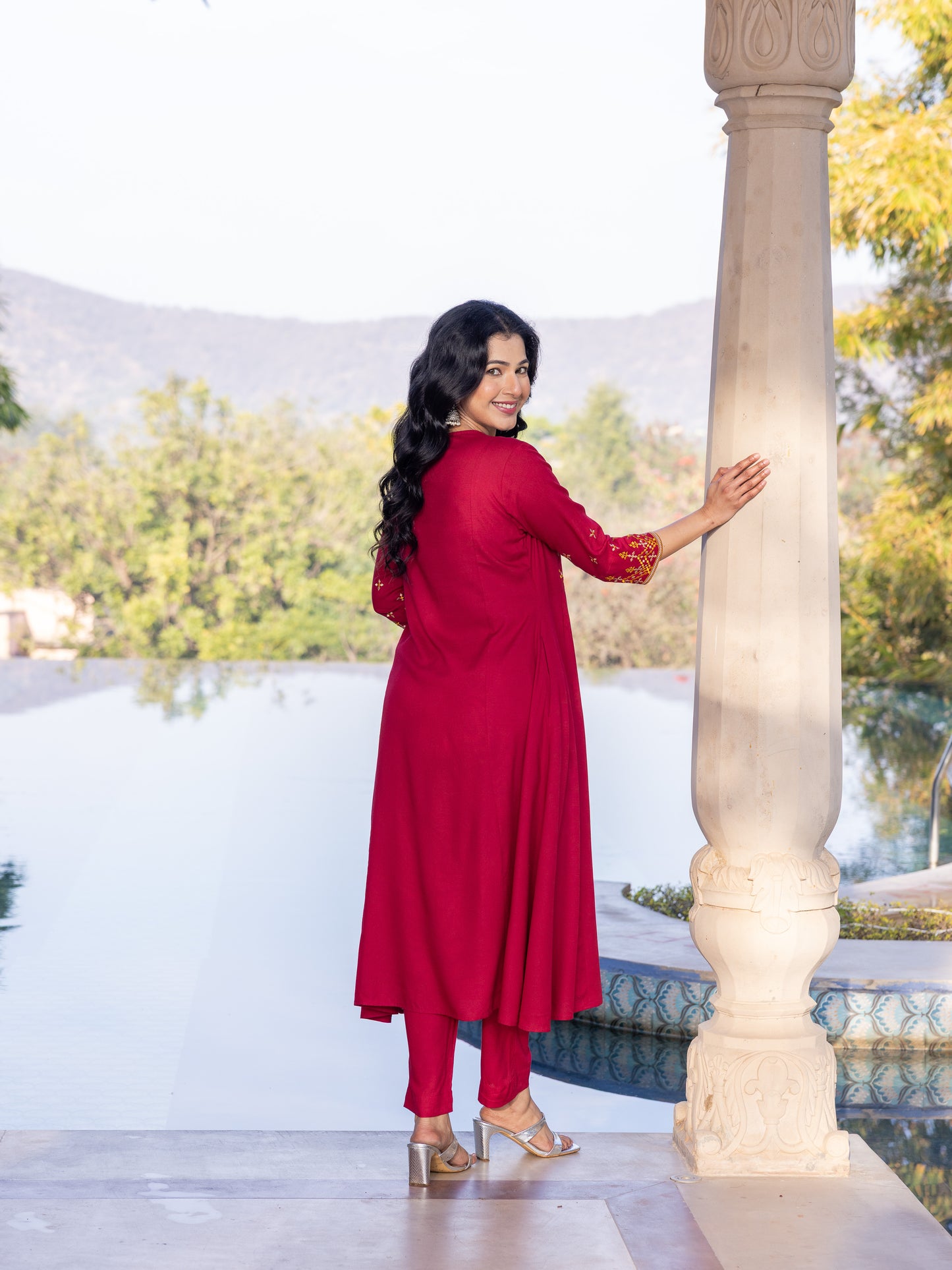 Embroidered Viscose Solid Flared Maroon Kurta