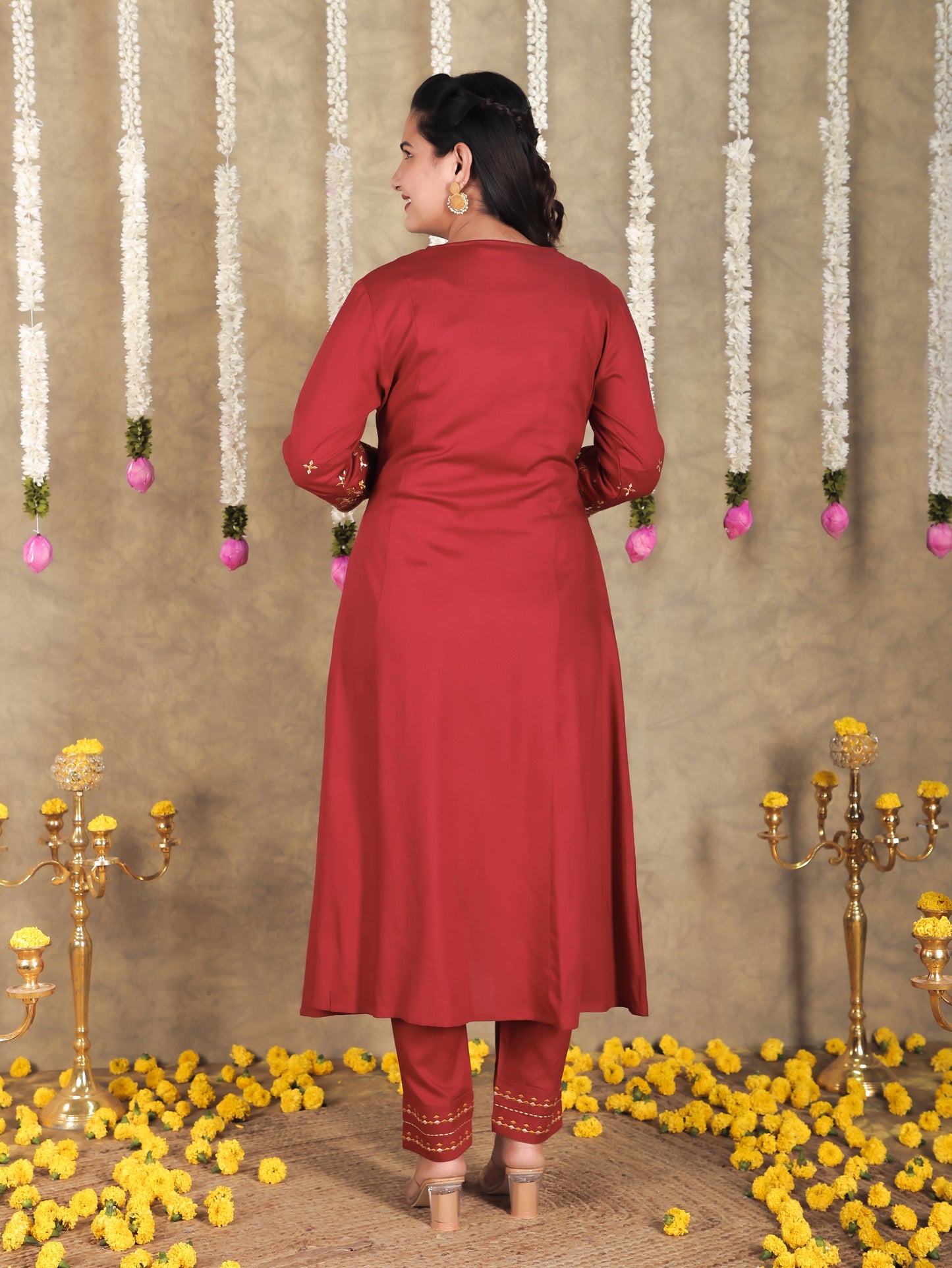 Embroidered Viscose Solid Flared Maroon Kurta