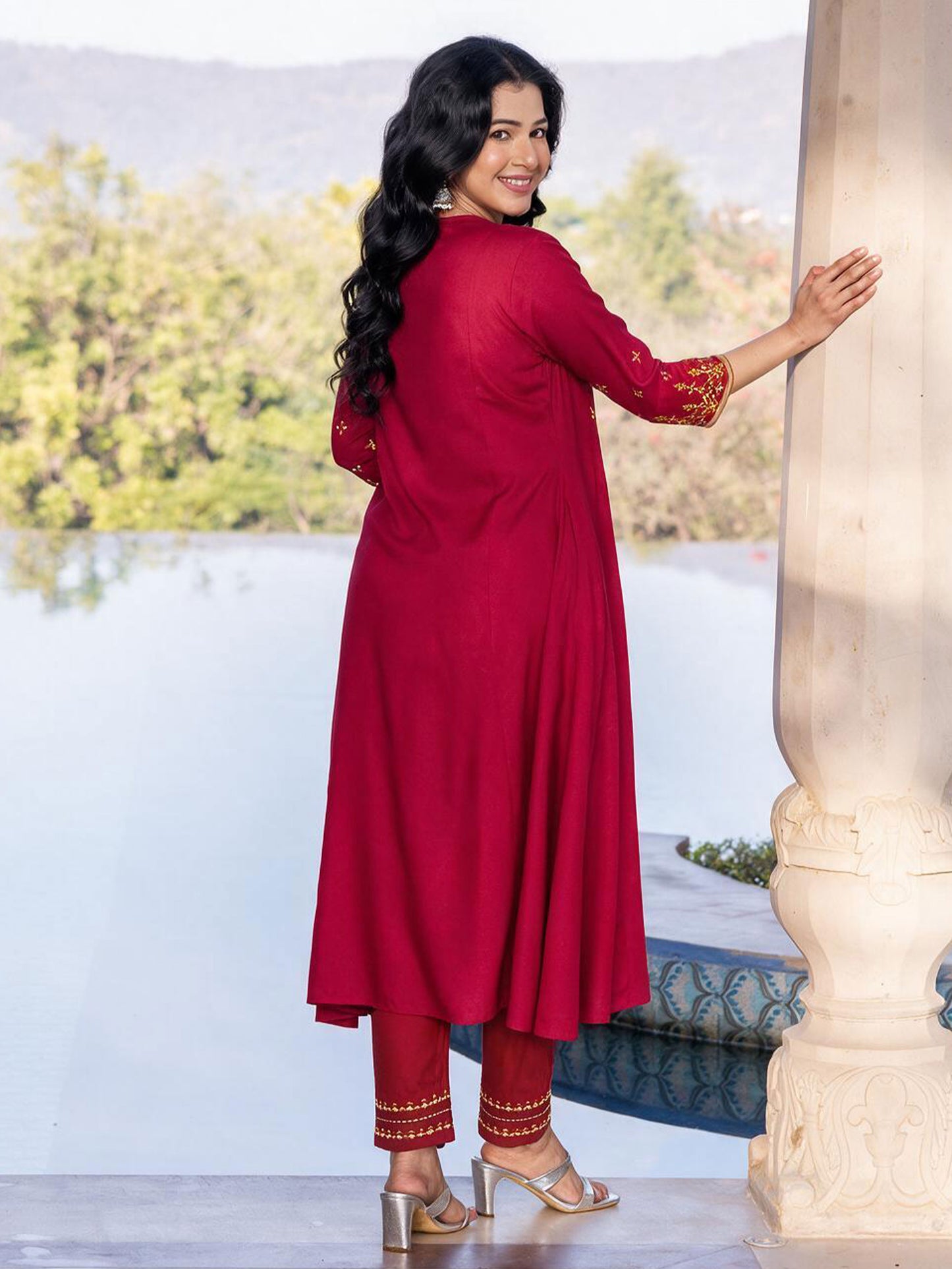 Embroidered Viscose Solid Flared Maroon Kurta
