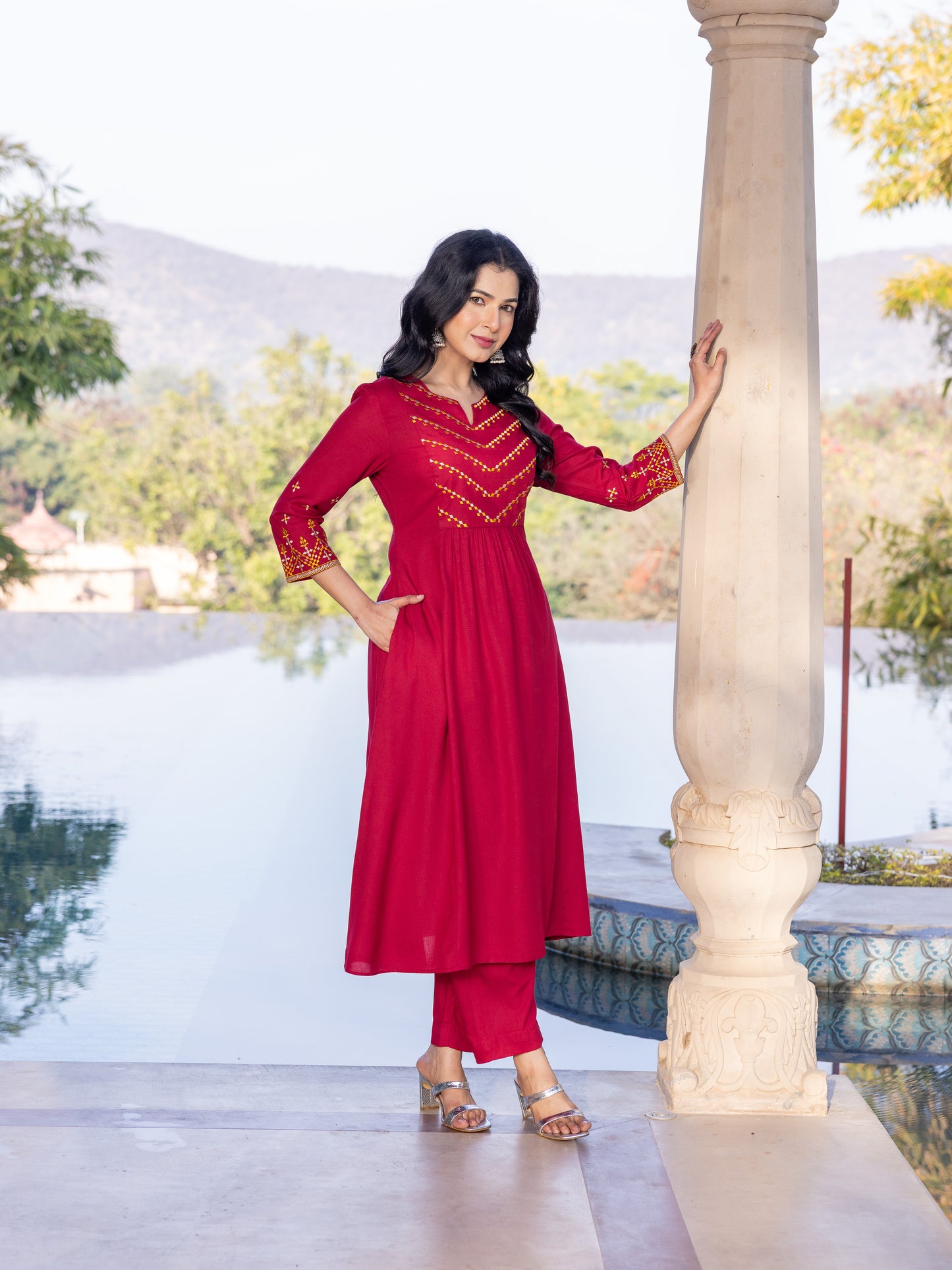 Embroidered Viscose Solid Flared Maroon Kurta