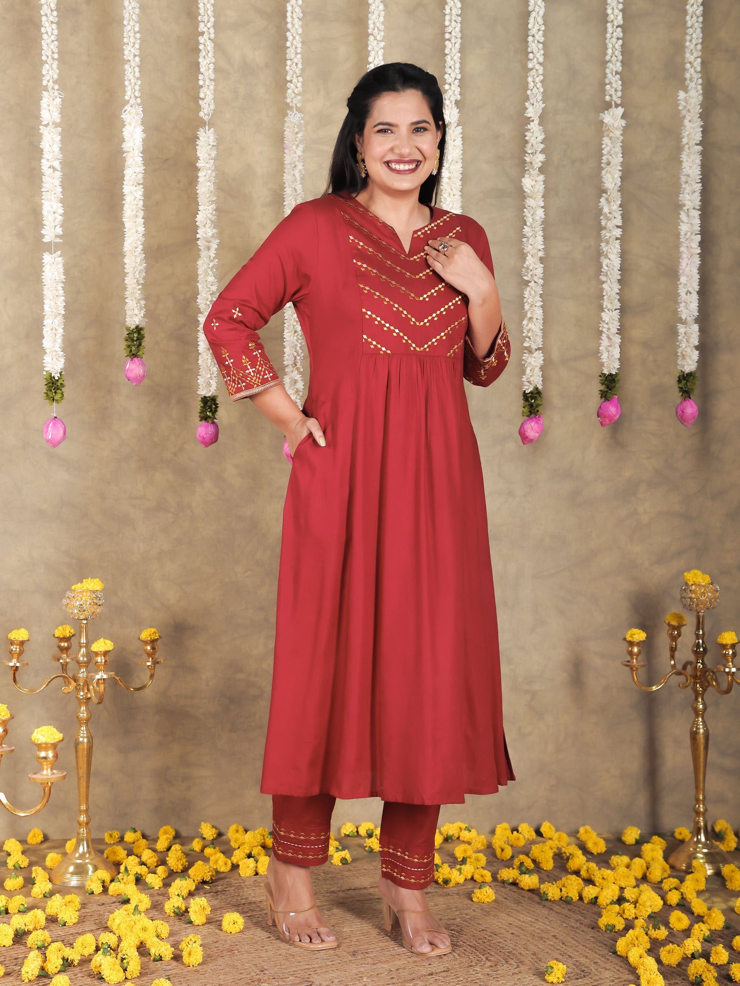 Embroidered Viscose Solid Flared Maroon Kurta