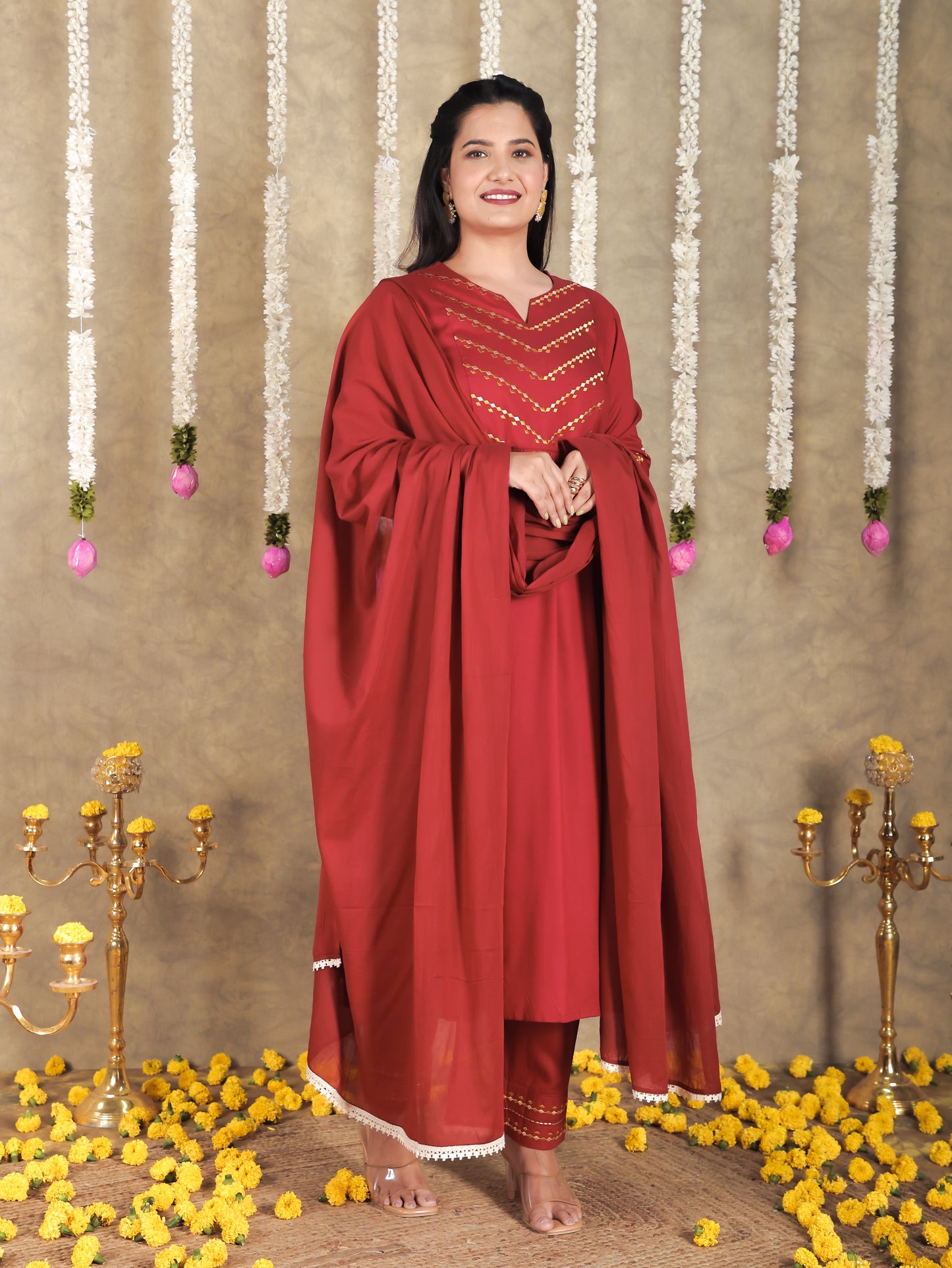 Embroidered Viscose Solid Flared Maroon Kurta