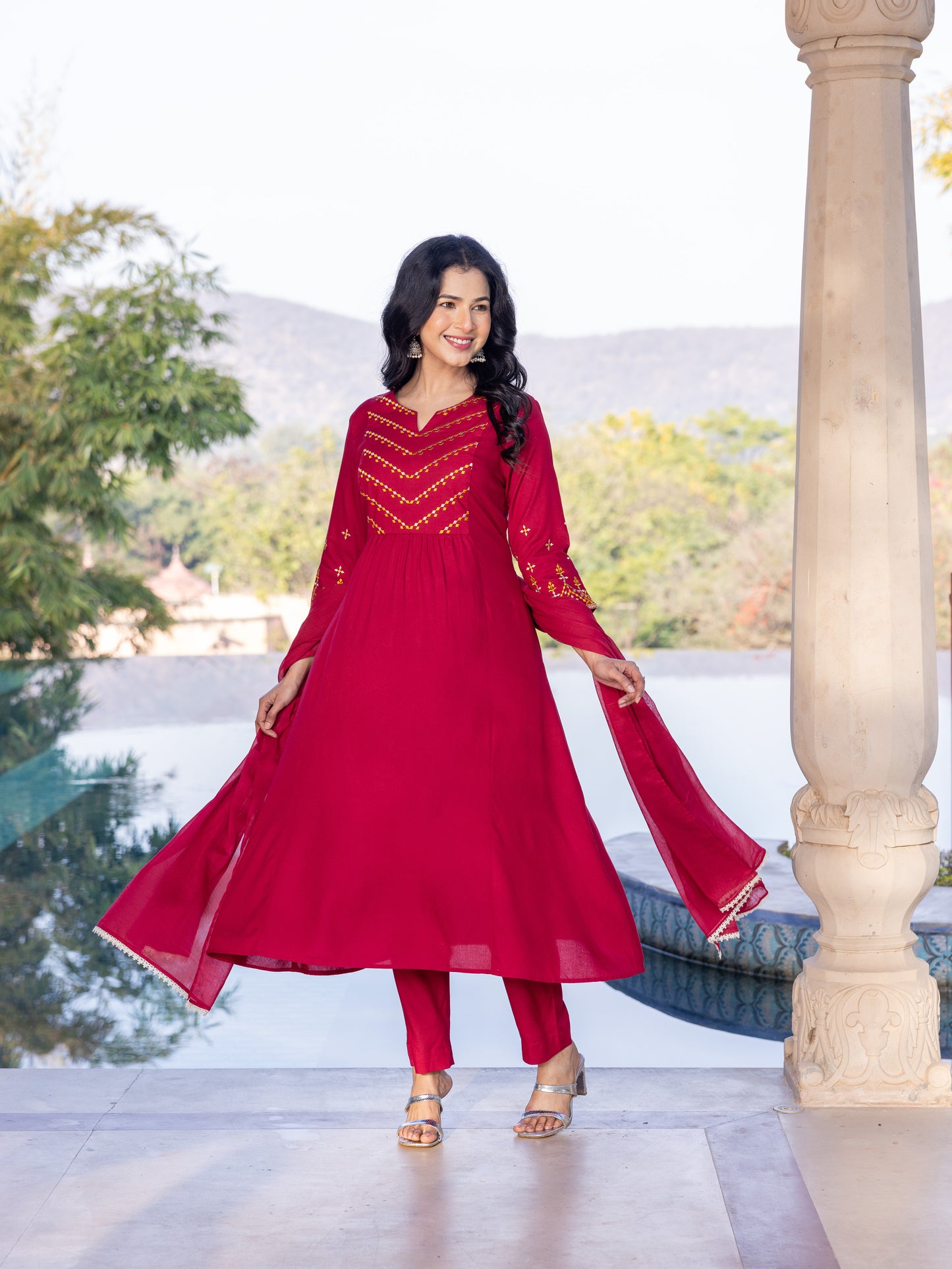 Embroidered Viscose Solid Flared Maroon Kurta