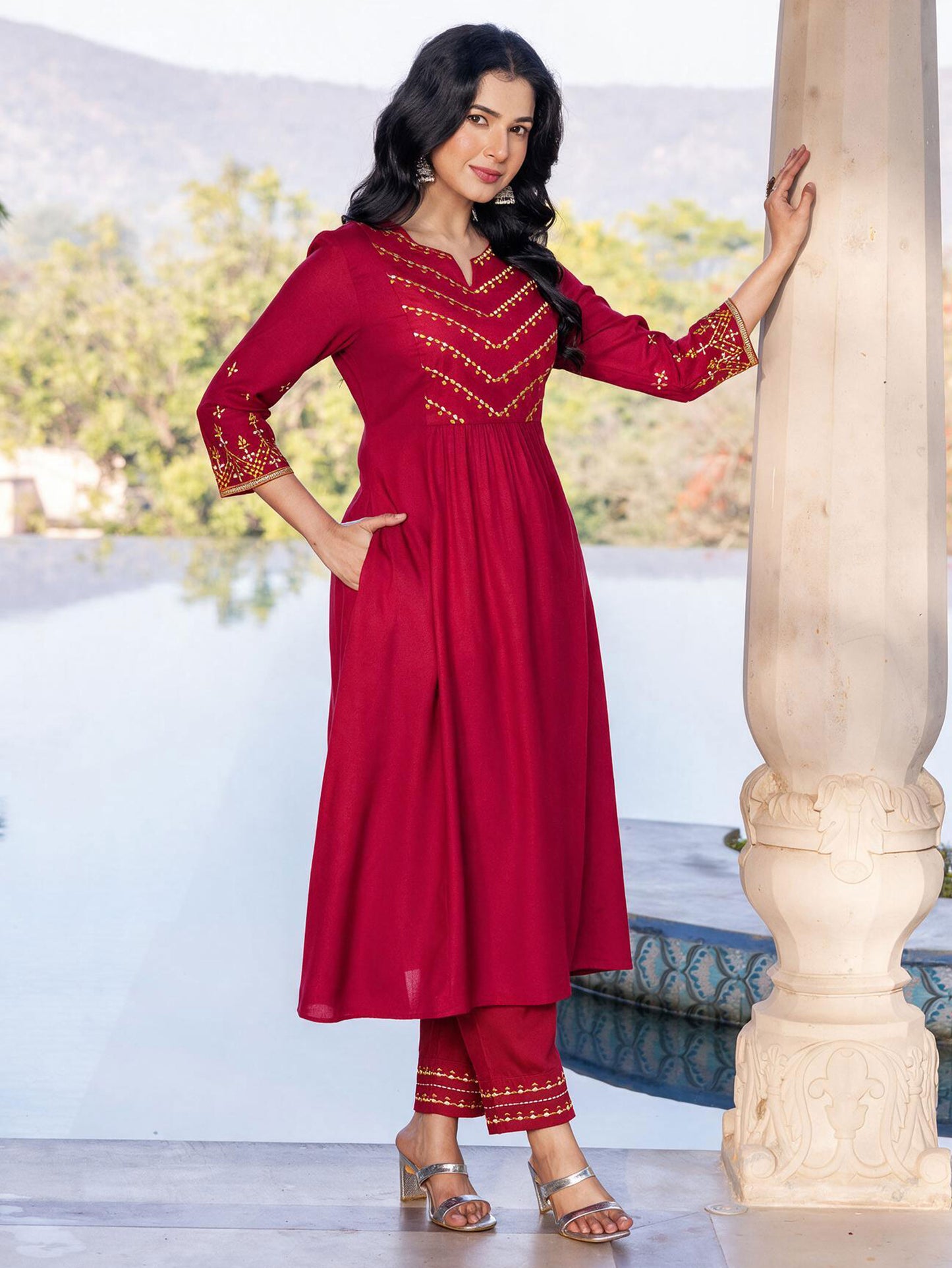 Embroidered Viscose Solid Flared Maroon Kurta