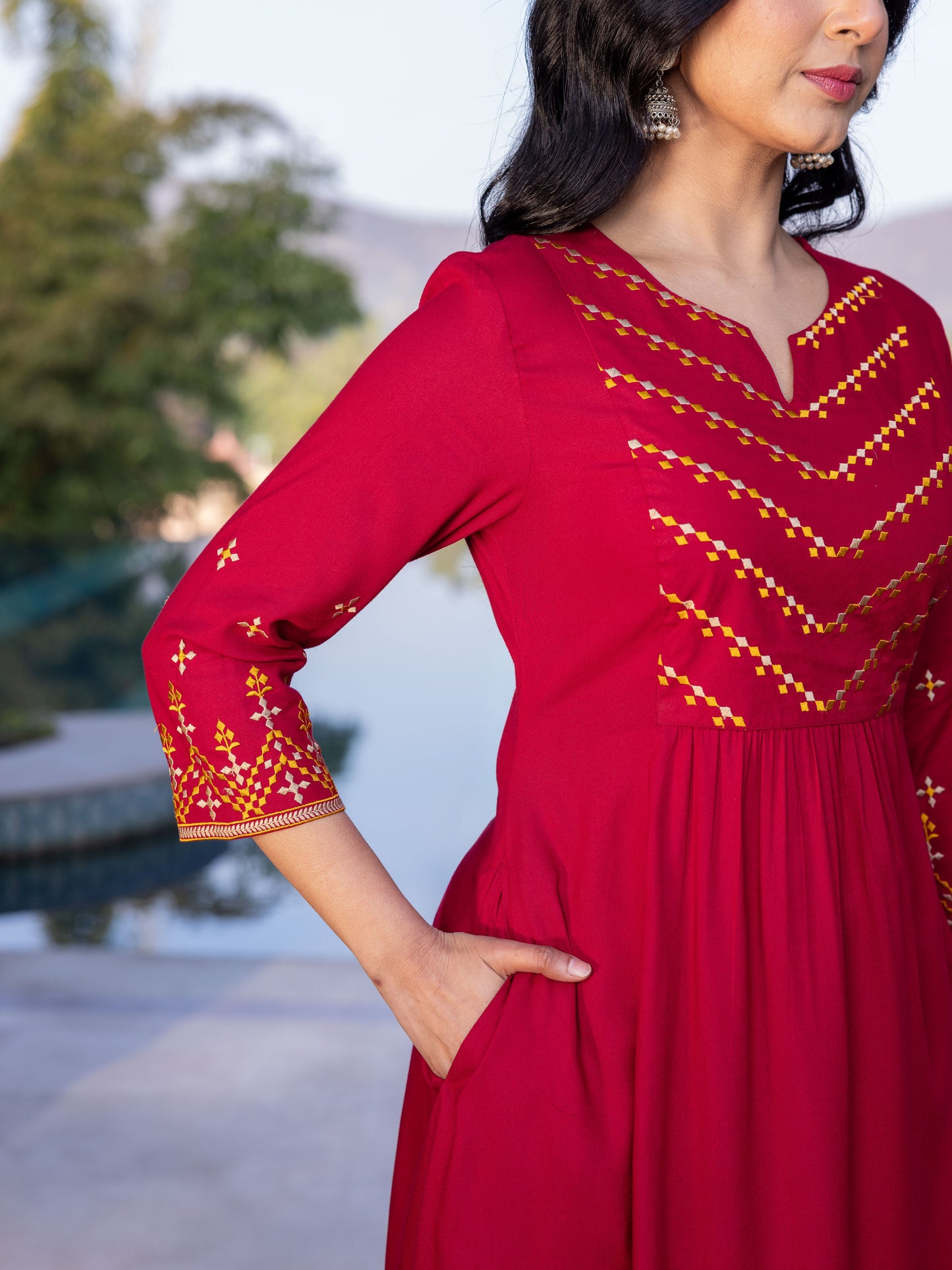 Embroidered Viscose Solid Flared Maroon Kurta