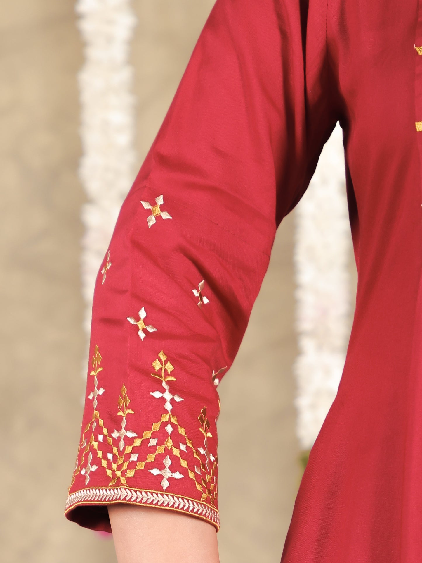 Embroidered Viscose Solid Flared Maroon Kurta