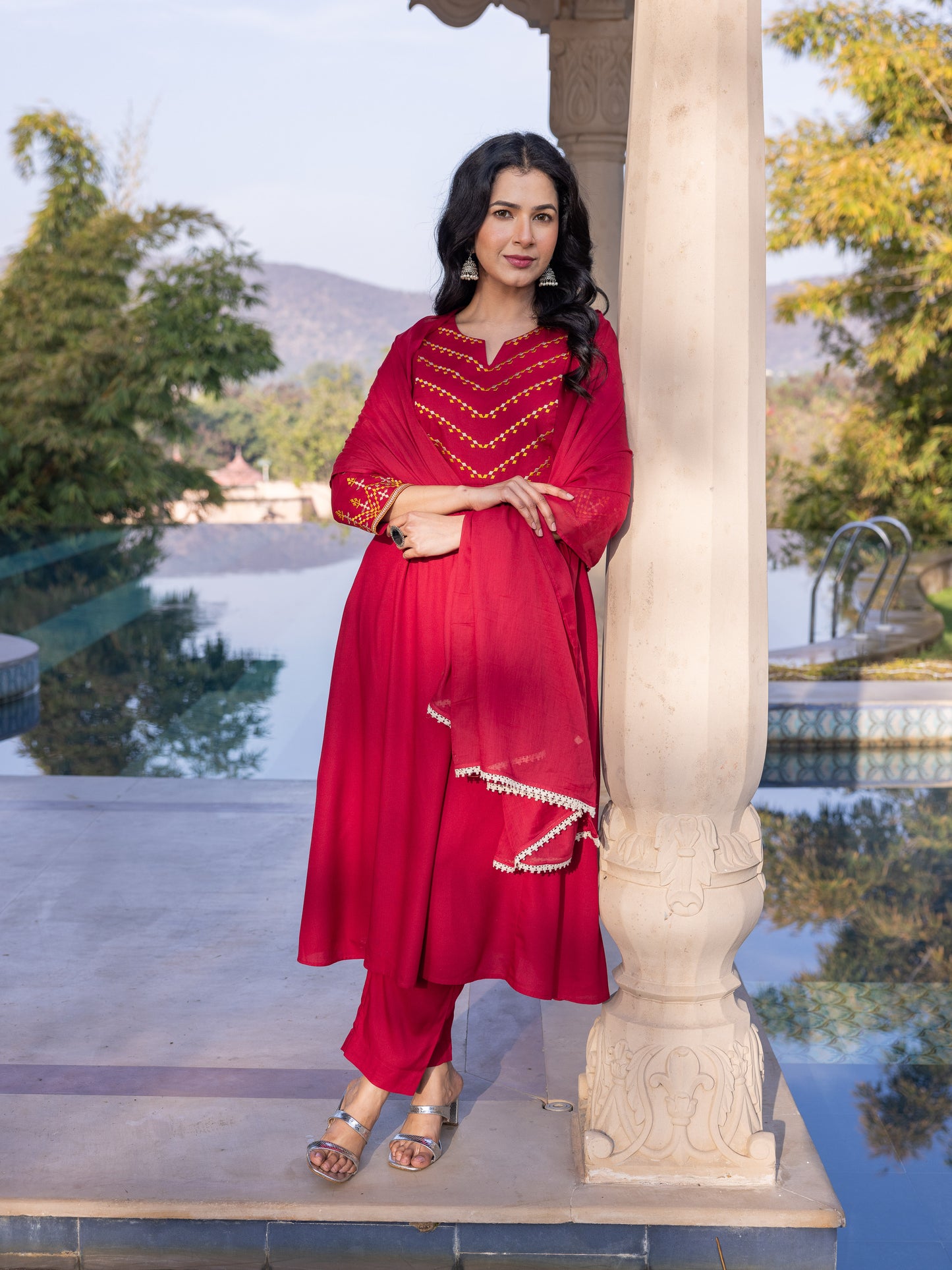Embroidered Viscose Solid Flared Maroon Kurta