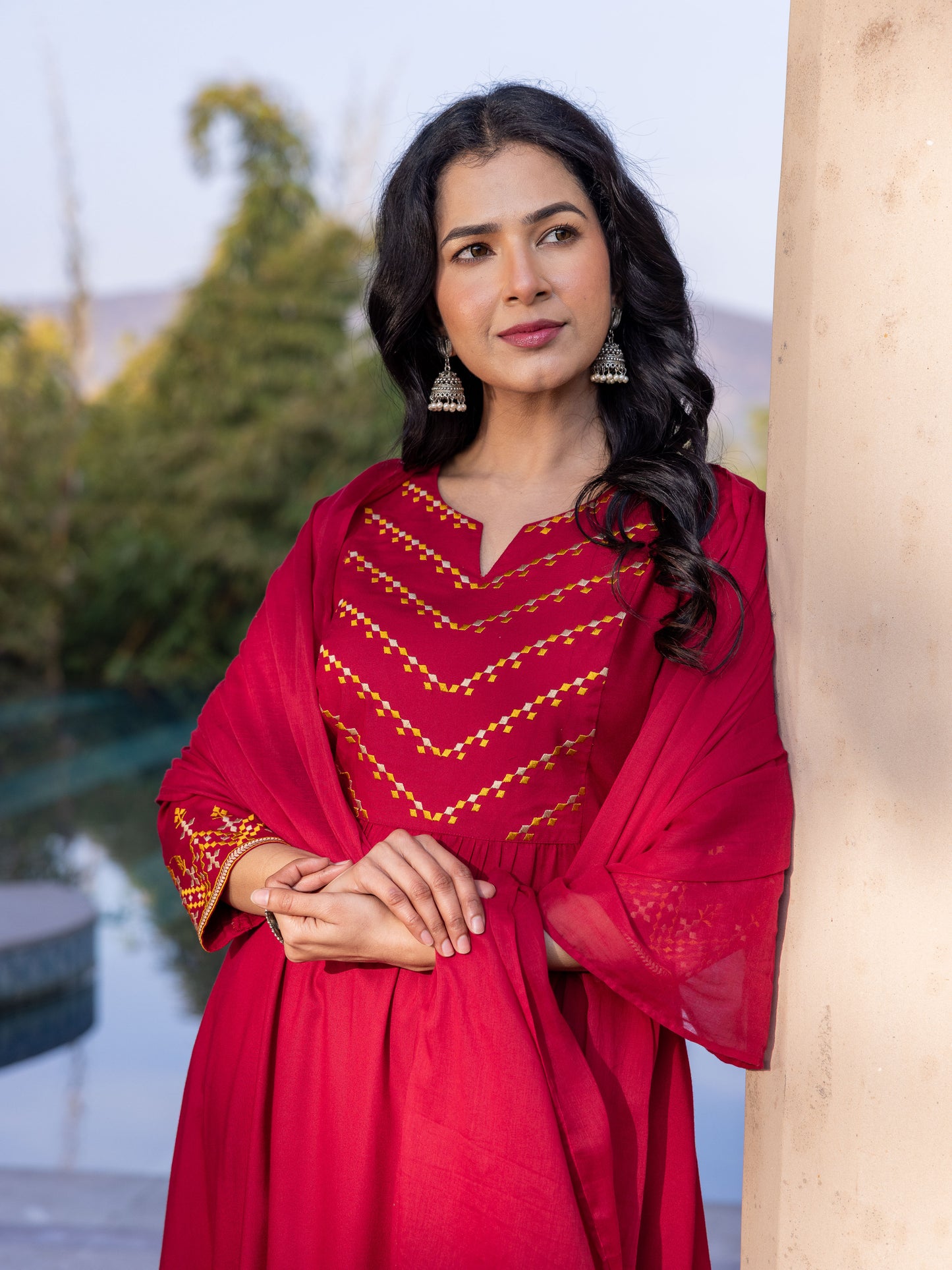 Embroidered Viscose Solid Flared Maroon Kurta