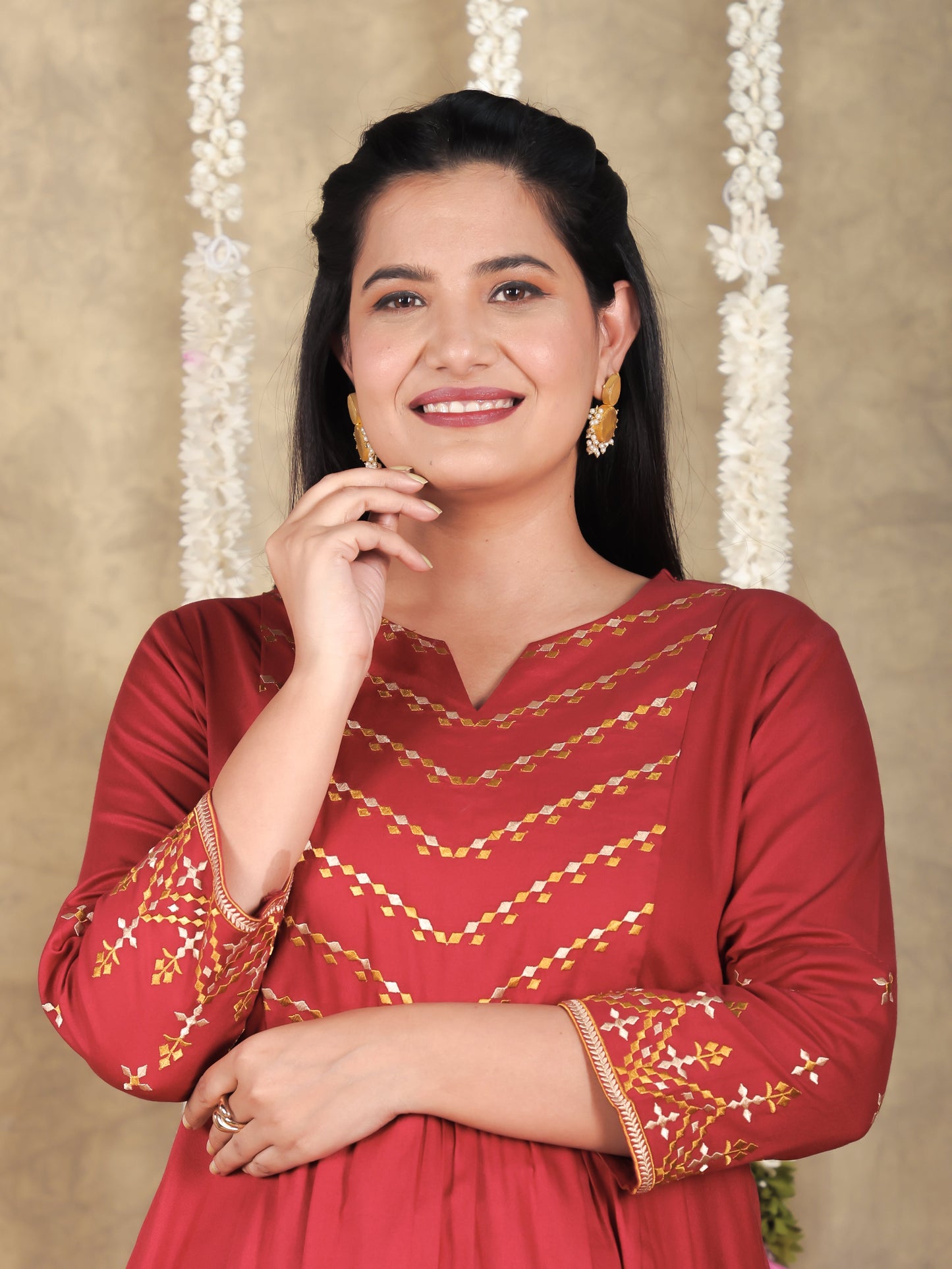 Embroidered Viscose Solid Flared Maroon Kurta