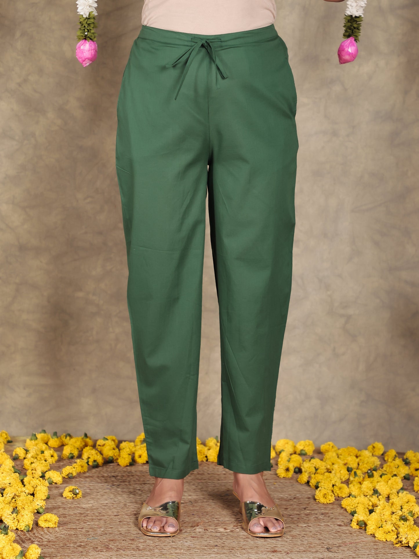 Soft Cotton Solid Green Tapered Trousers