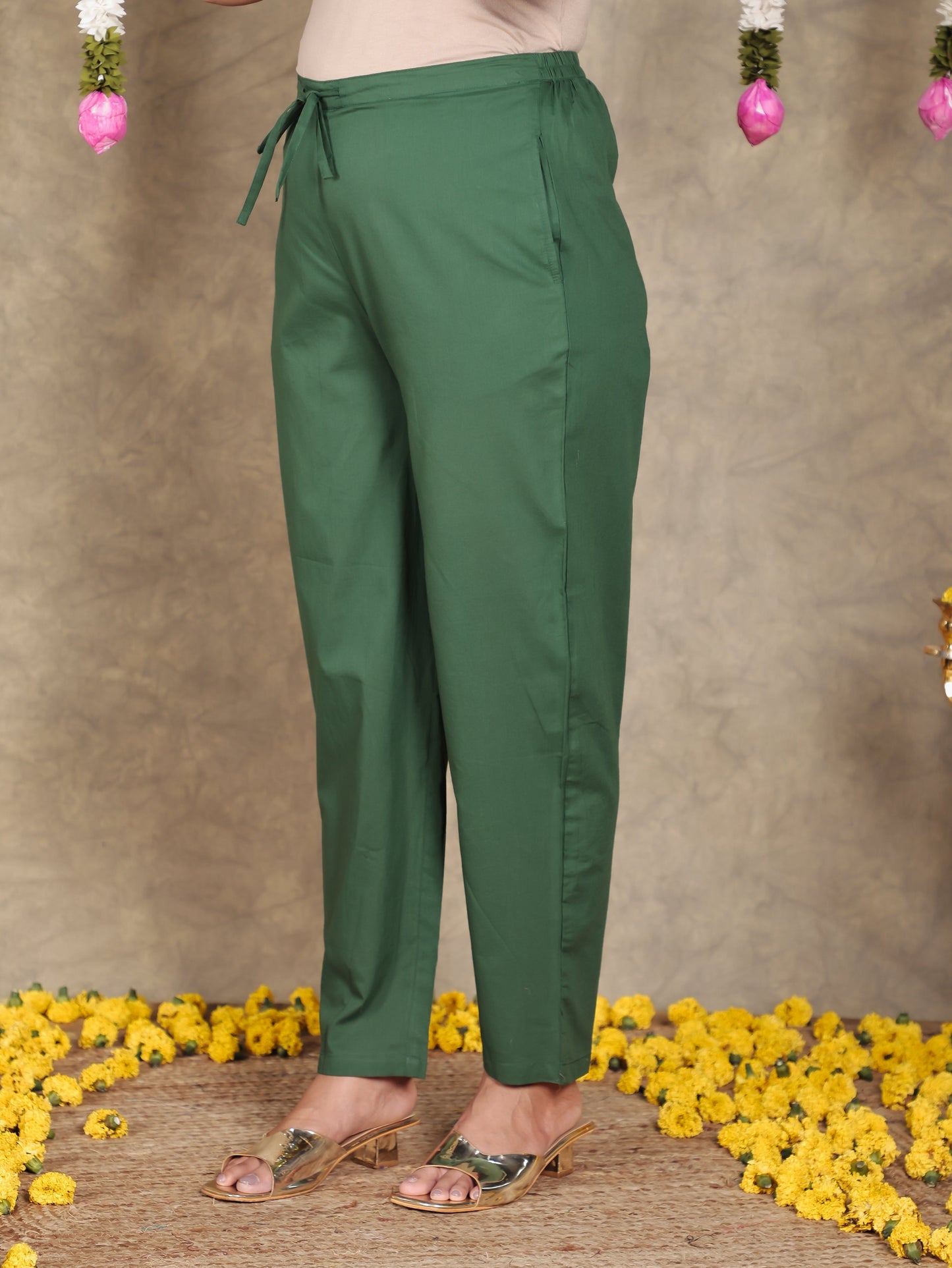 Soft Cotton Solid Green Tapered Trousers