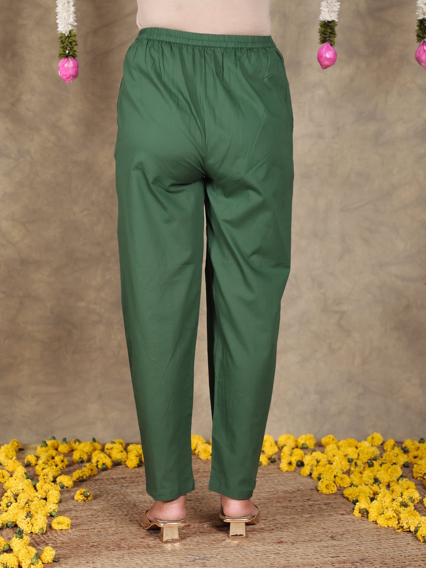 Soft Cotton Solid Green Tapered Trousers