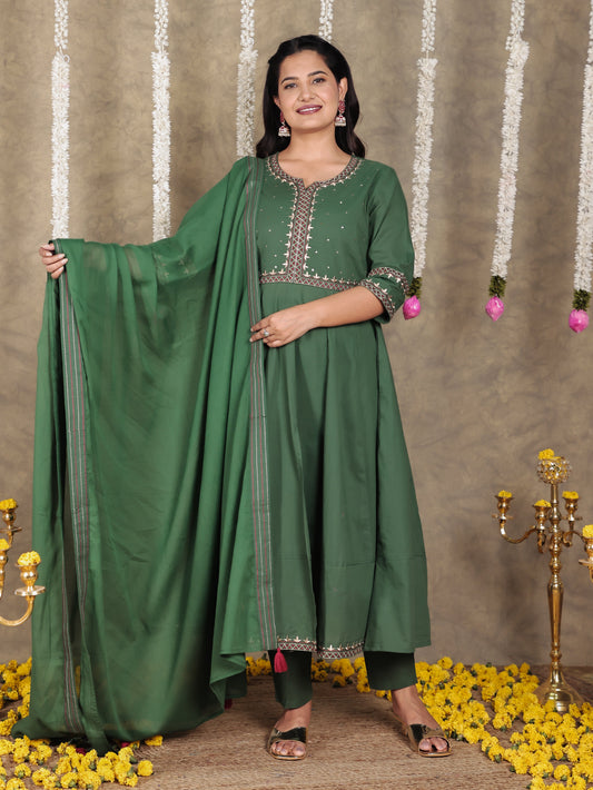 Embroidered Cotton Voile Solid Green Dupatta