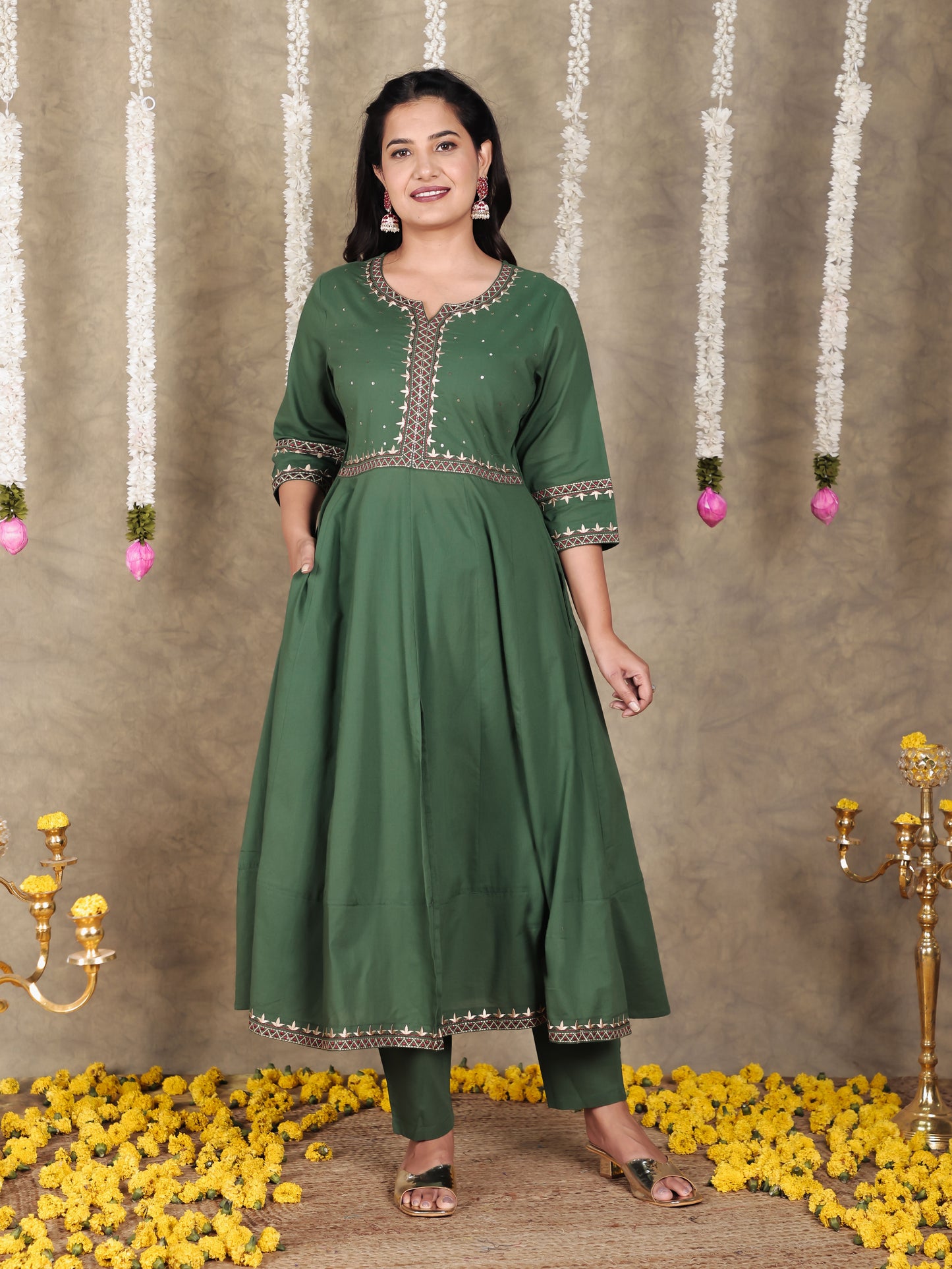 Embroidered Soft Cotton Solid Anarkali Green Kurta