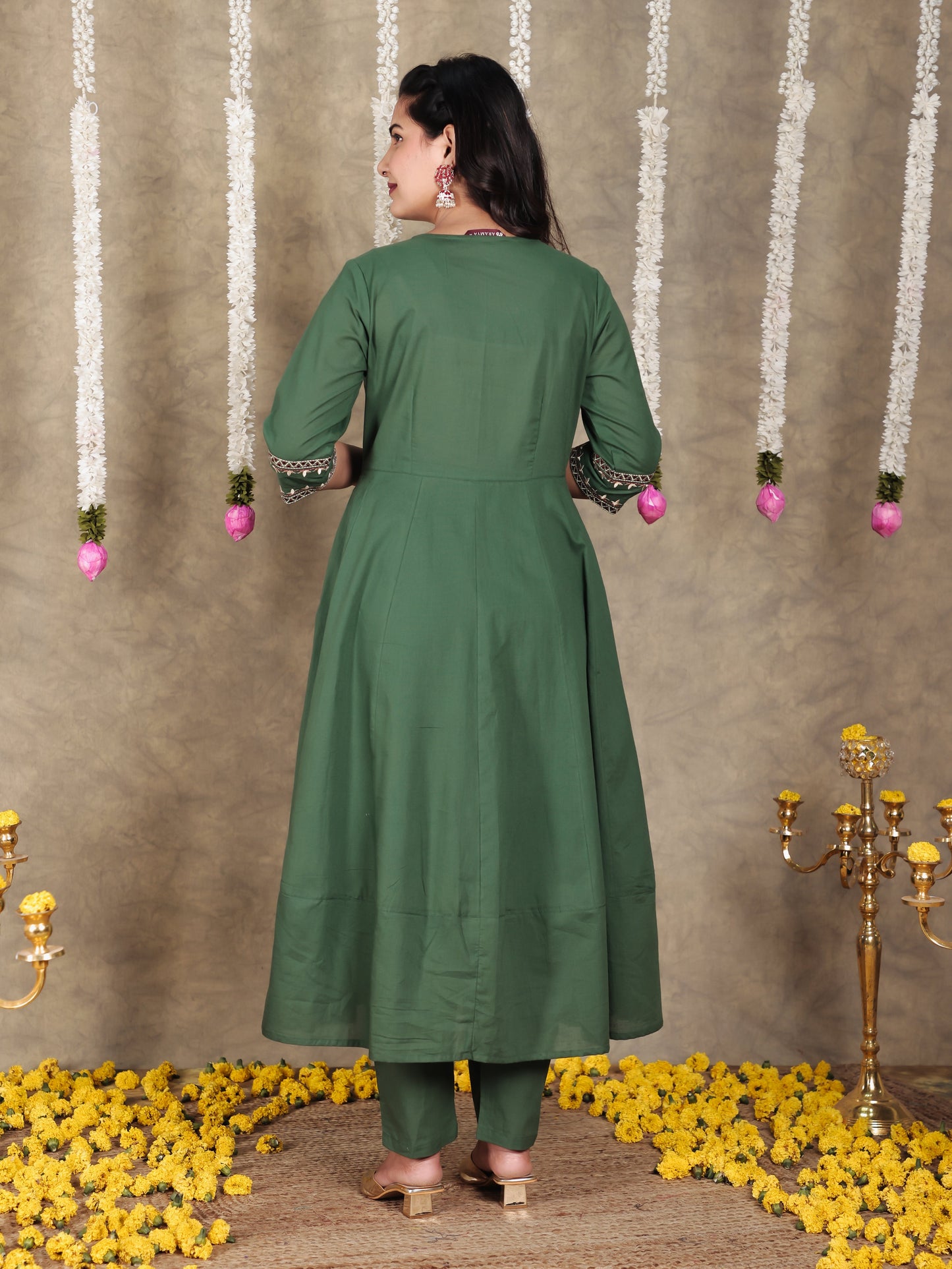 Embroidered Soft Cotton Solid Anarkali Green Kurta