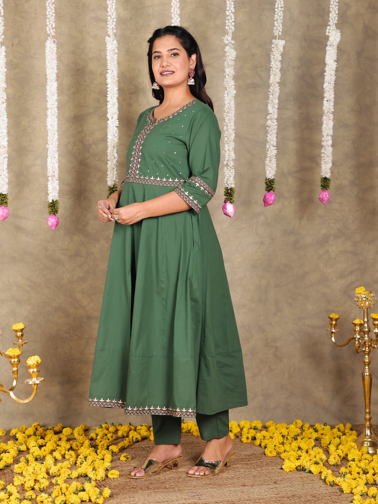 Embroidered Soft Cotton Solid Anarkali Green Kurta