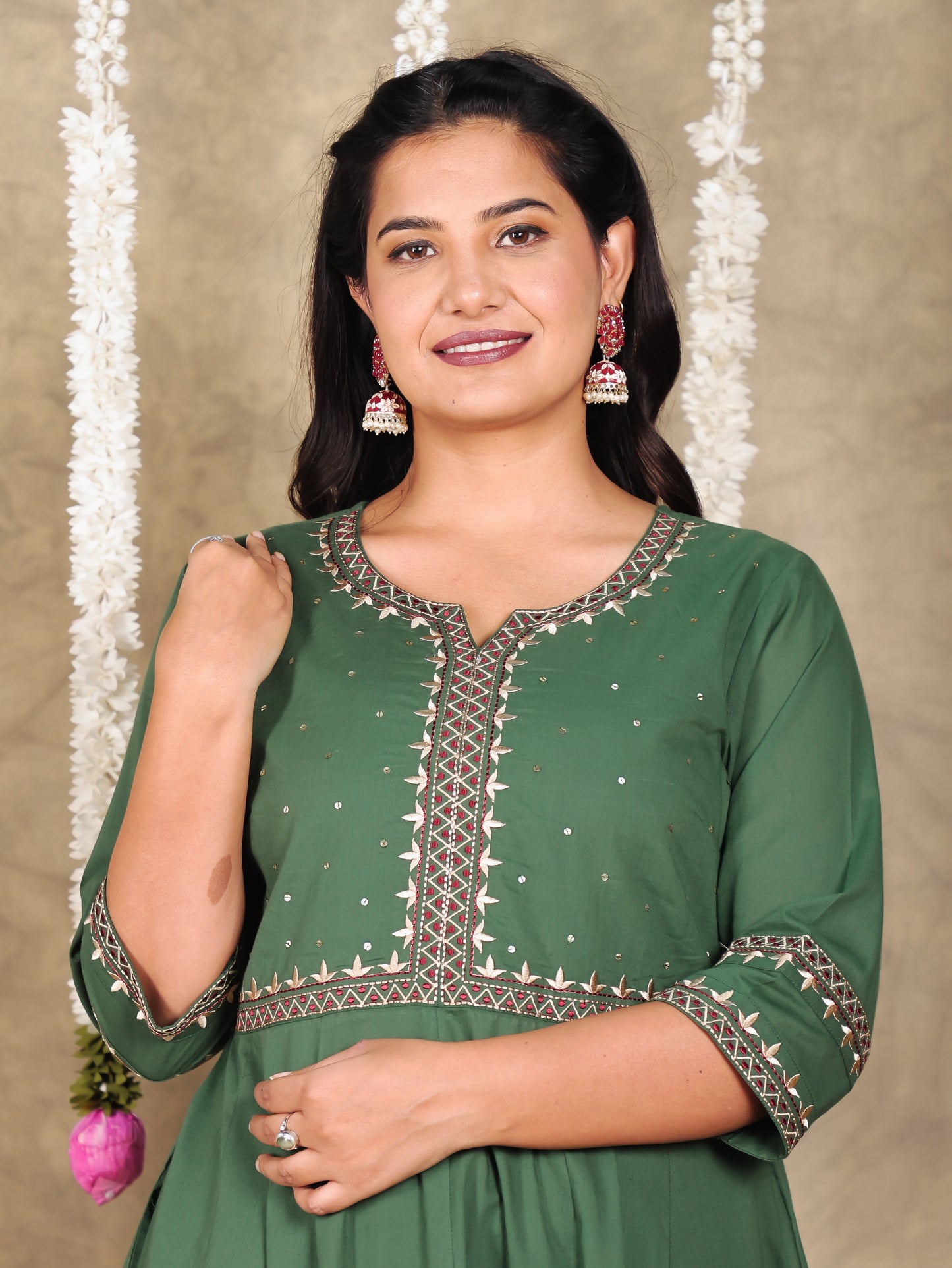 Embroidered Soft Cotton Solid Anarkali Green Kurta