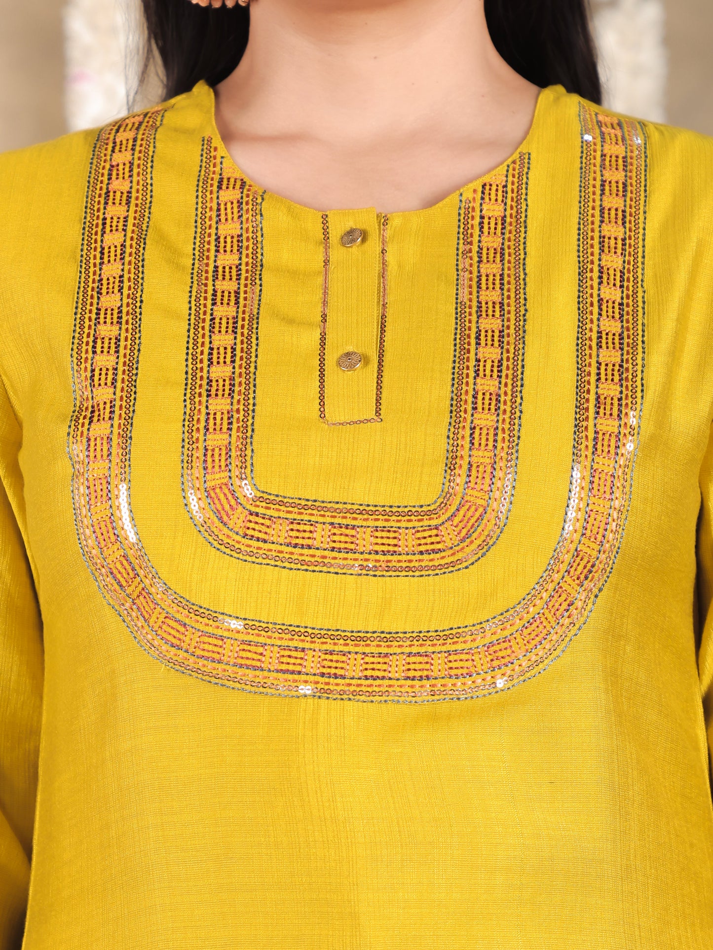 Embroidered Vertigan Solid Straight Yellow Kurta