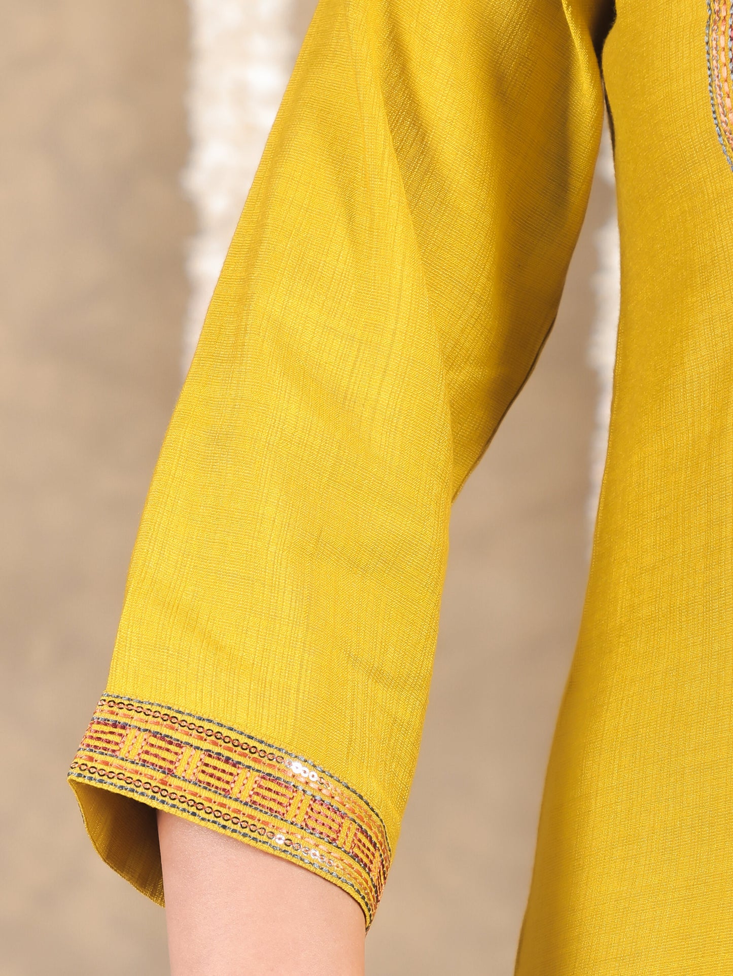 Embroidered Vertigan Solid Straight Yellow Kurta