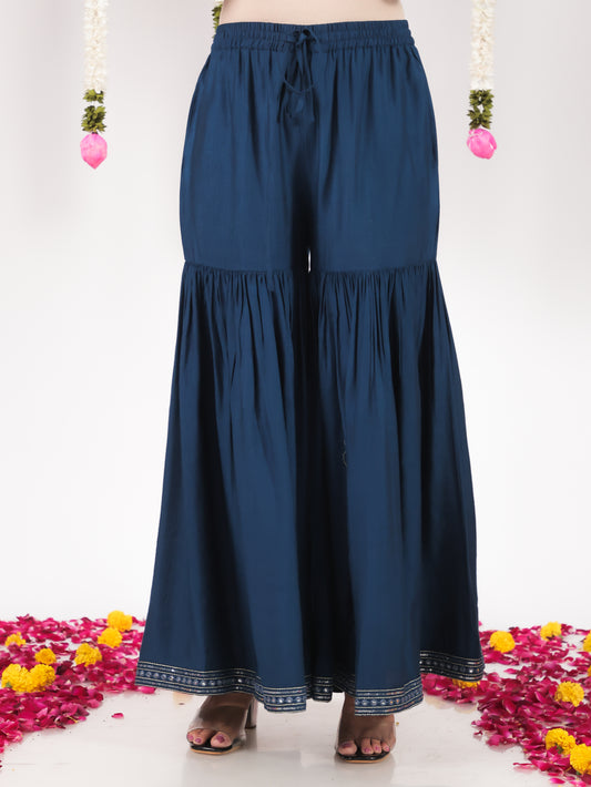 Embroidered Vertigan Solid Blue Sharara