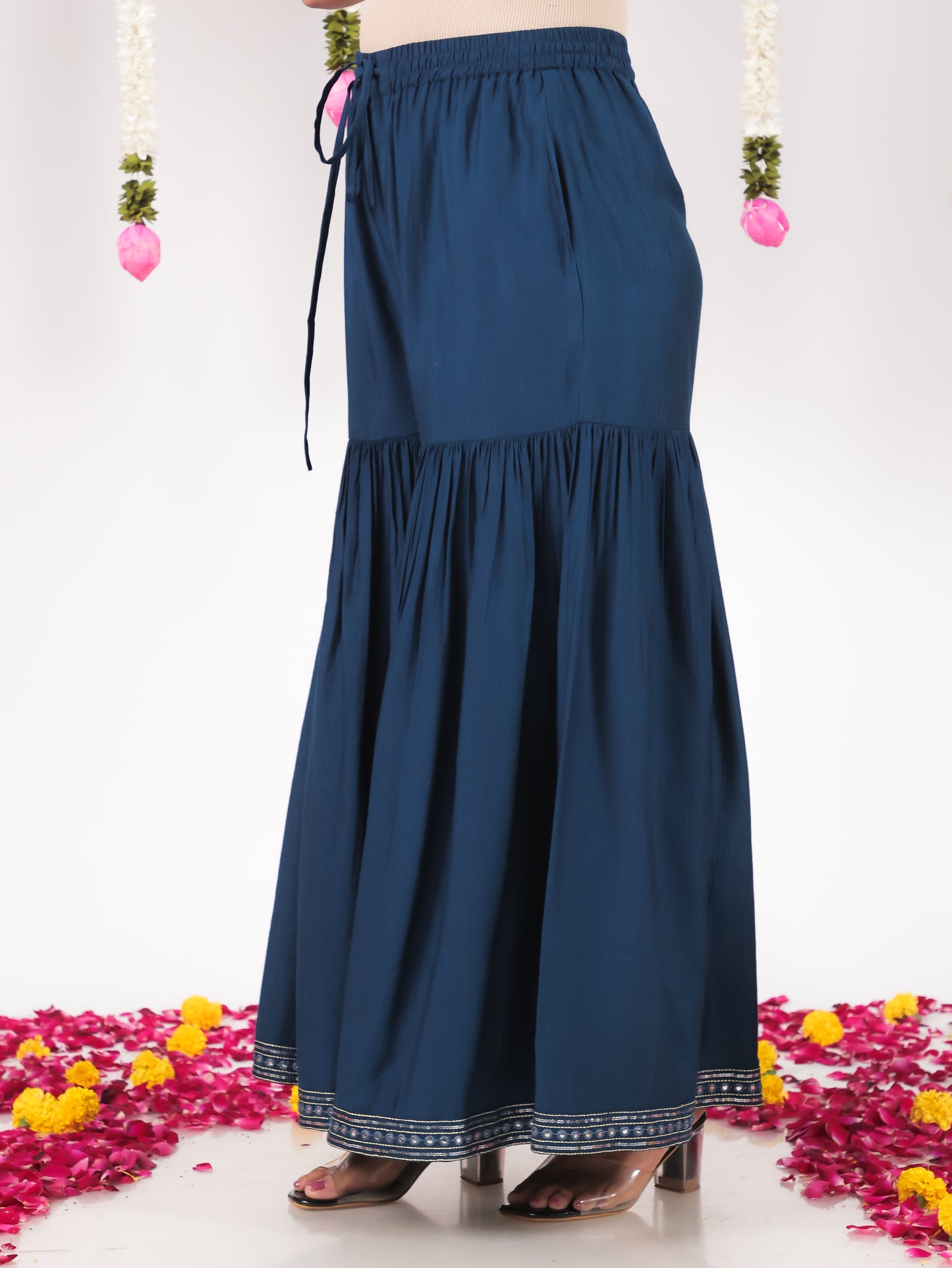 Embroidered Vertigan Solid Blue Sharara