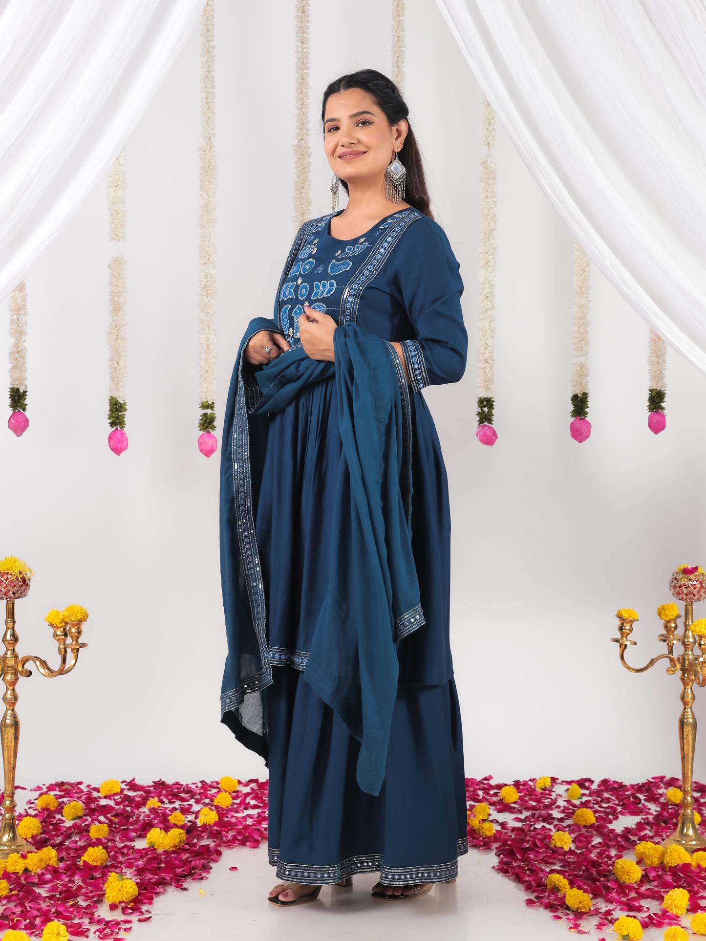 Embroidered Cotton Voile Solid Blue Dupatta
