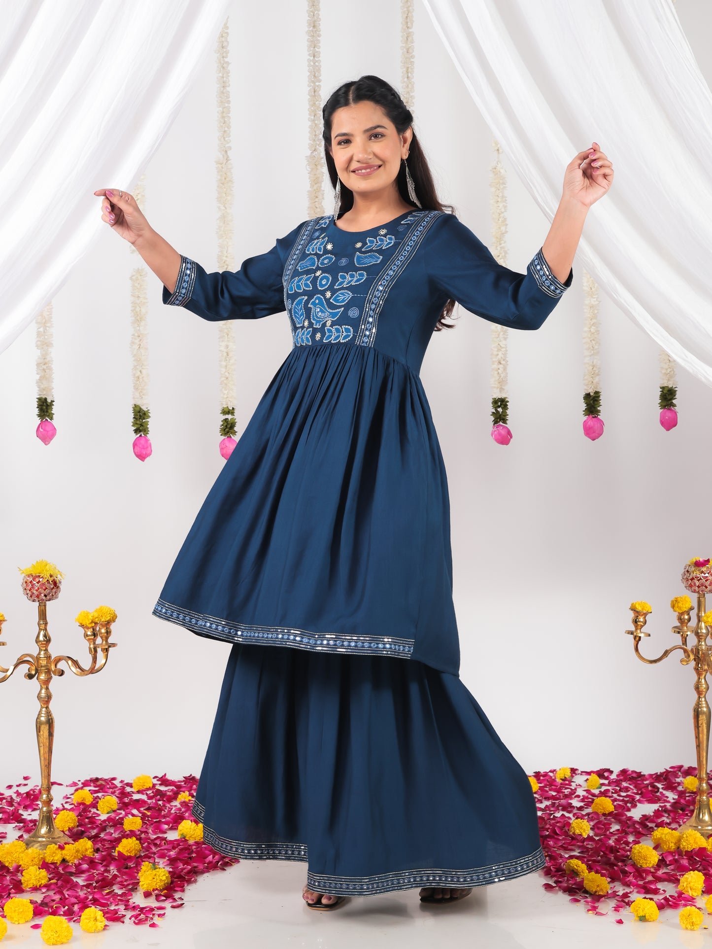 Embroidered Vertigan Solid Flared Blue Kurta