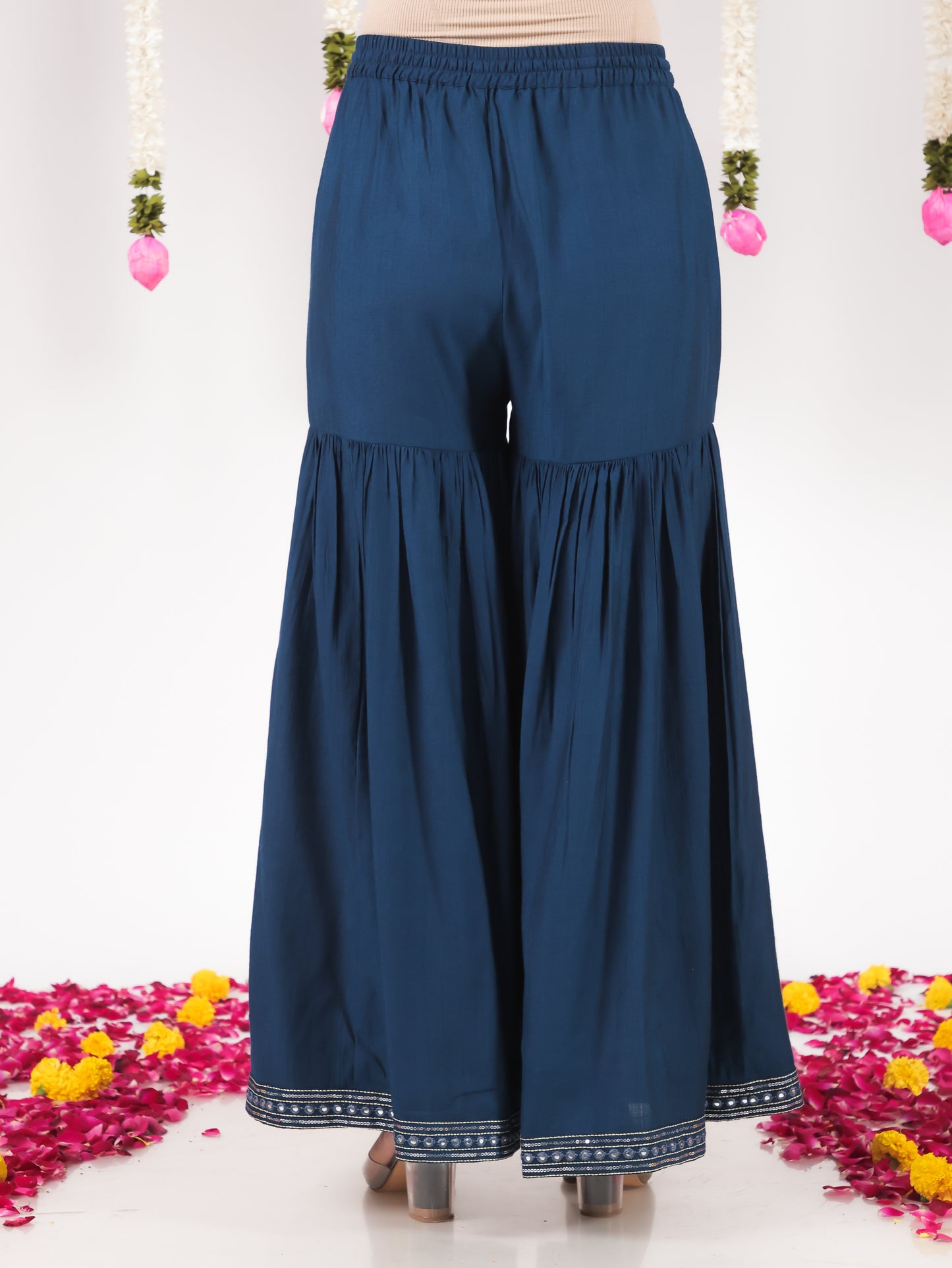 Embroidered Vertigan Solid Flared Blue Kurta