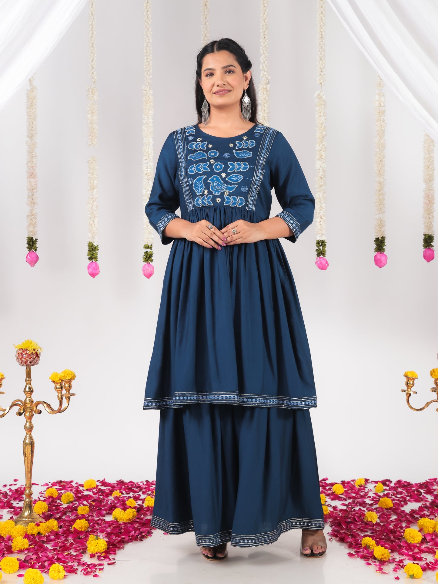 Embroidered Vertigan Solid Flared Blue Kurta