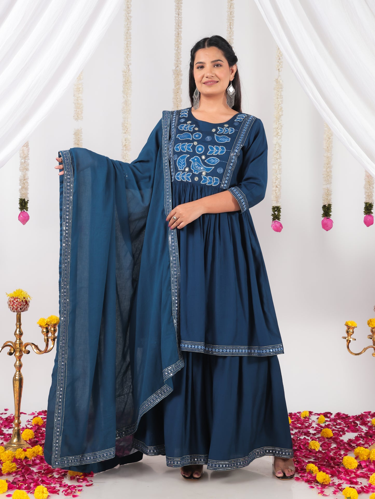 Embroidered Vertigan Solid Flared Blue Kurta