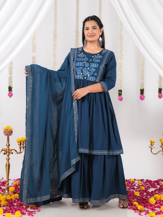 Embroidered Vertigan Solid Flared Blue Kurta