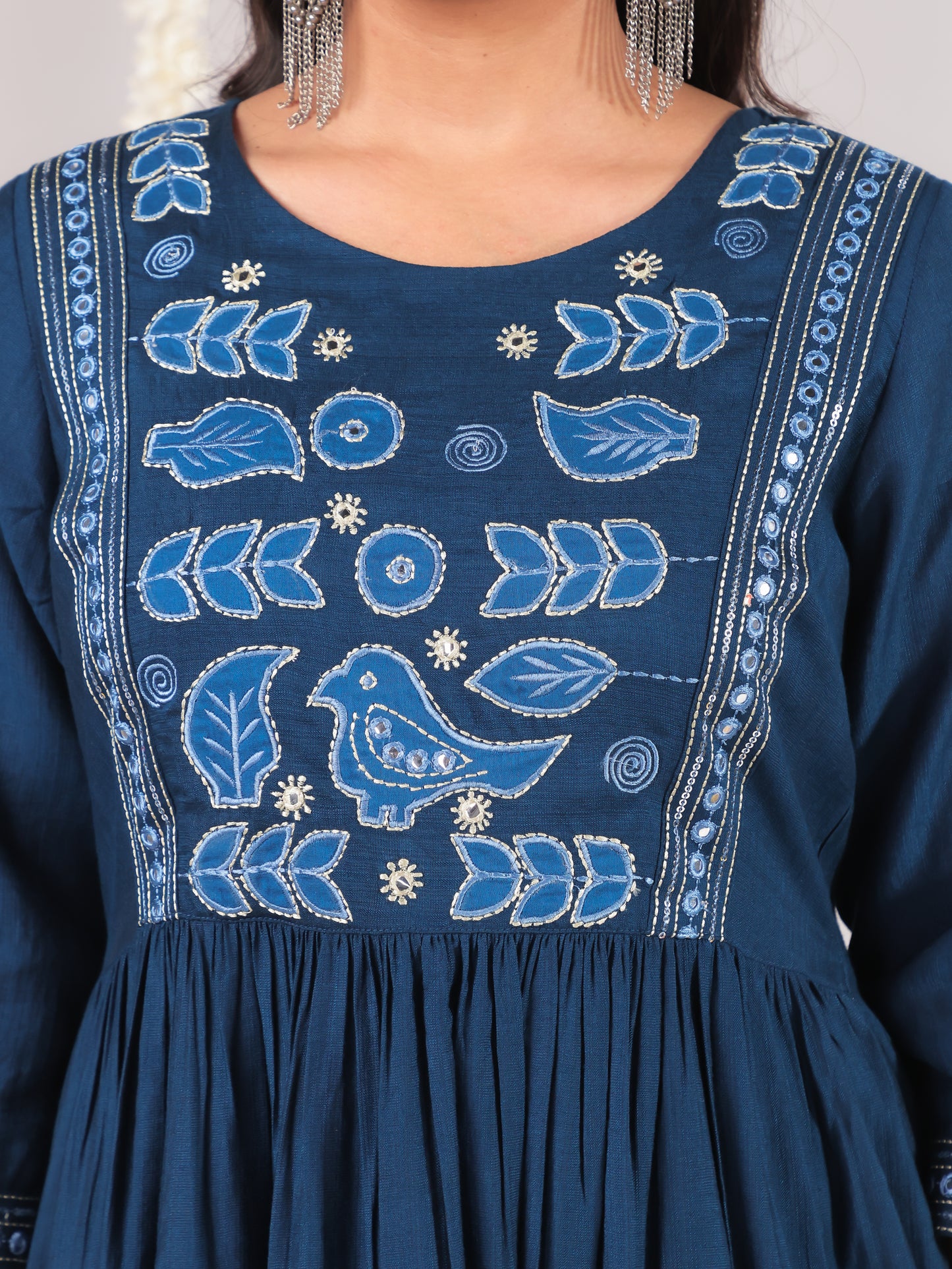 Embroidered Vertigan Solid Flared Blue Kurta