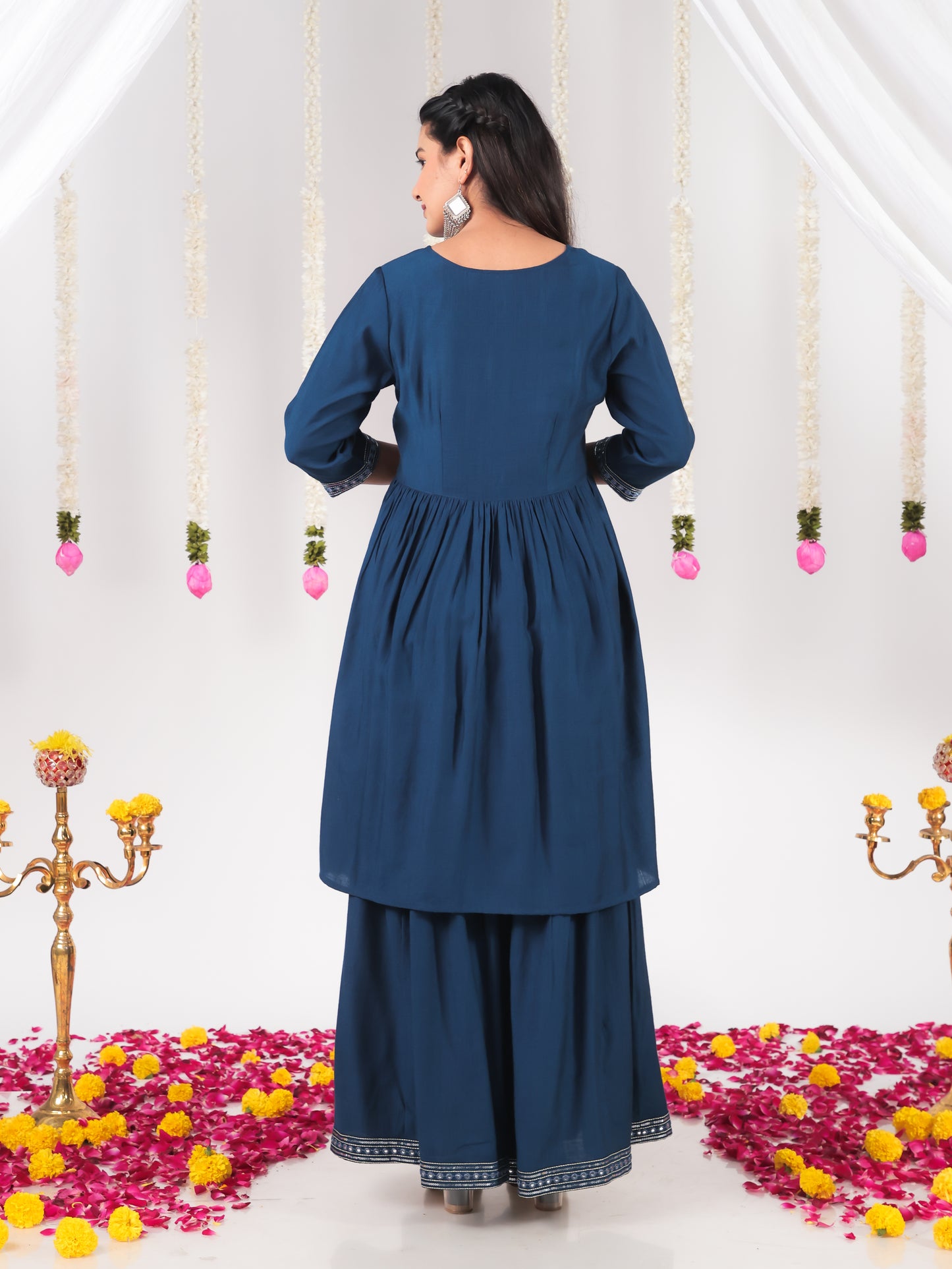 Embroidered Vertigan Solid Flared Blue Kurta