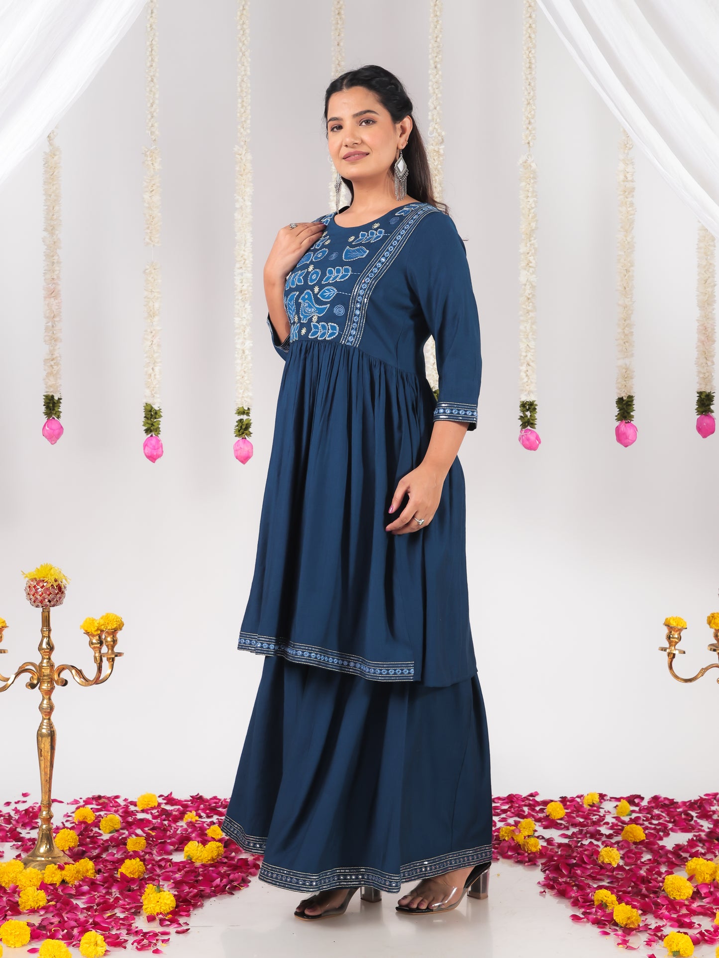 Embroidered Vertigan Solid Flared Blue Kurta