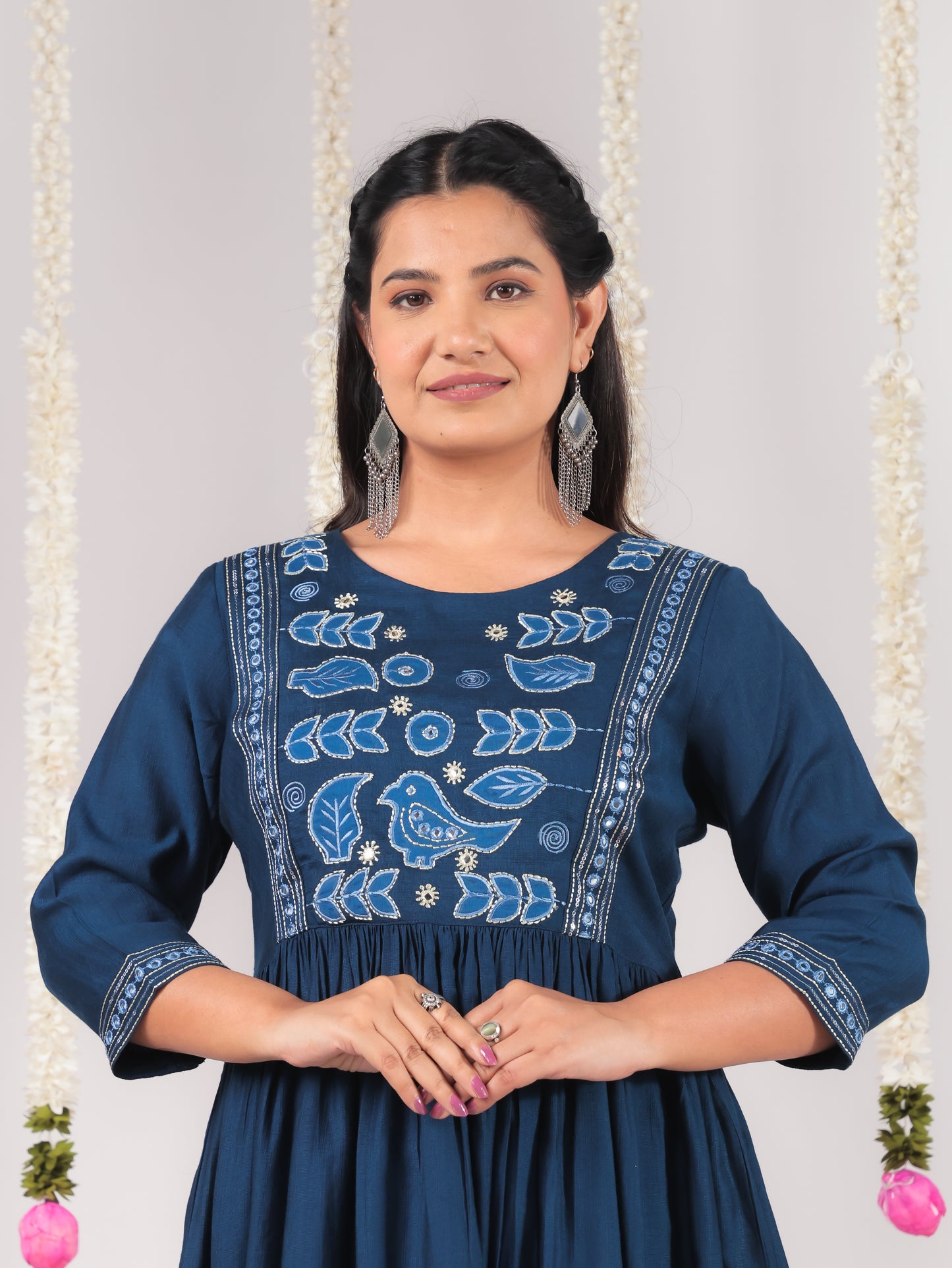 Embroidered Vertigan Solid Flared Blue Kurta