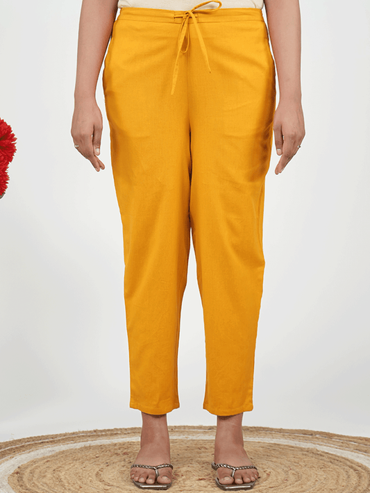Linen Cotton Solid Yellow Tapered Trousers