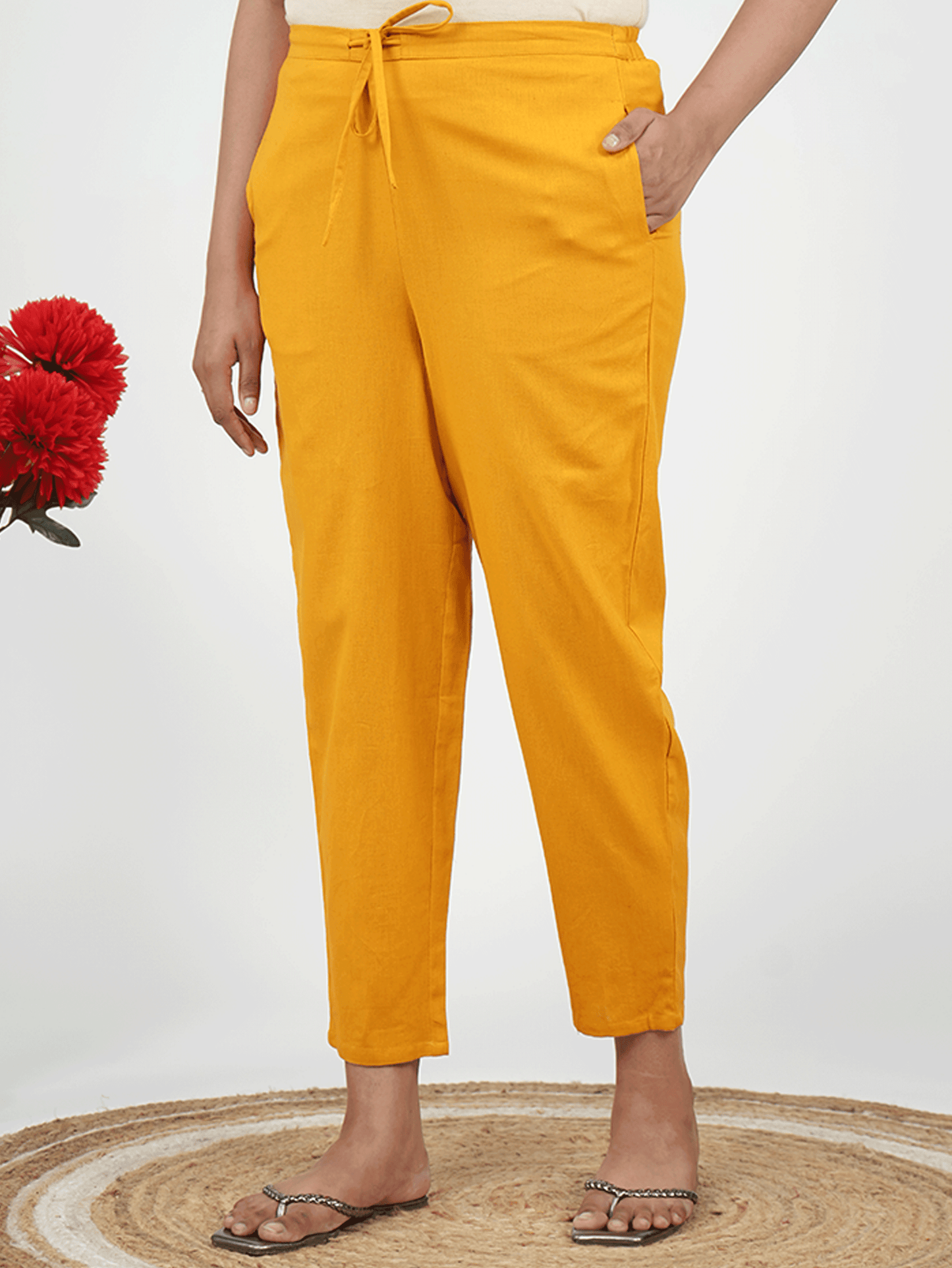 Linen Cotton Solid Yellow Tapered Trousers
