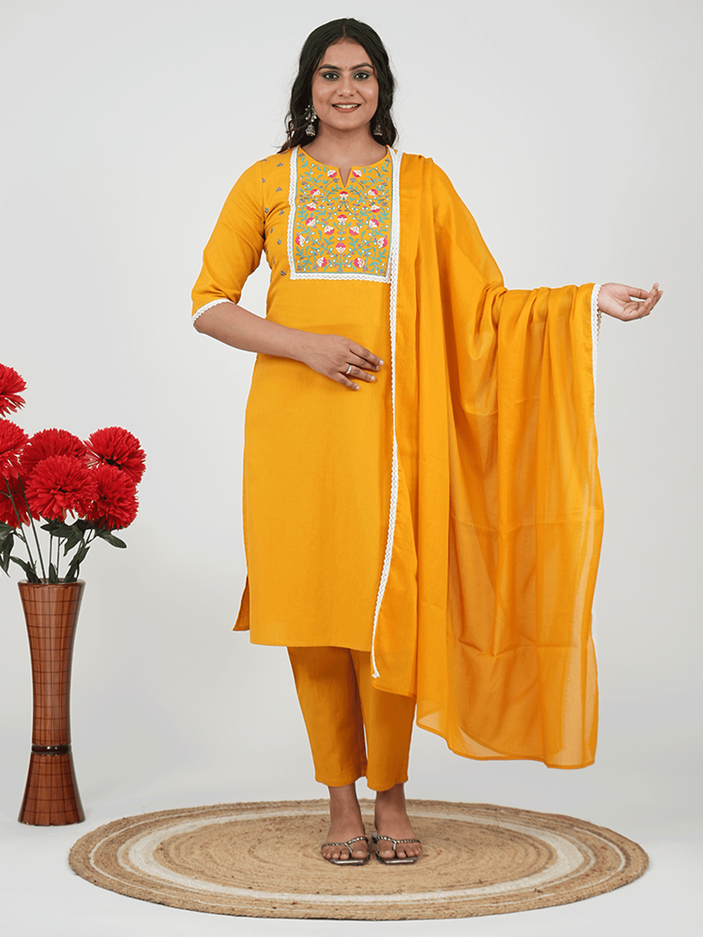 Embroidered Linen Cotton Solid Straight Yellow Kurta