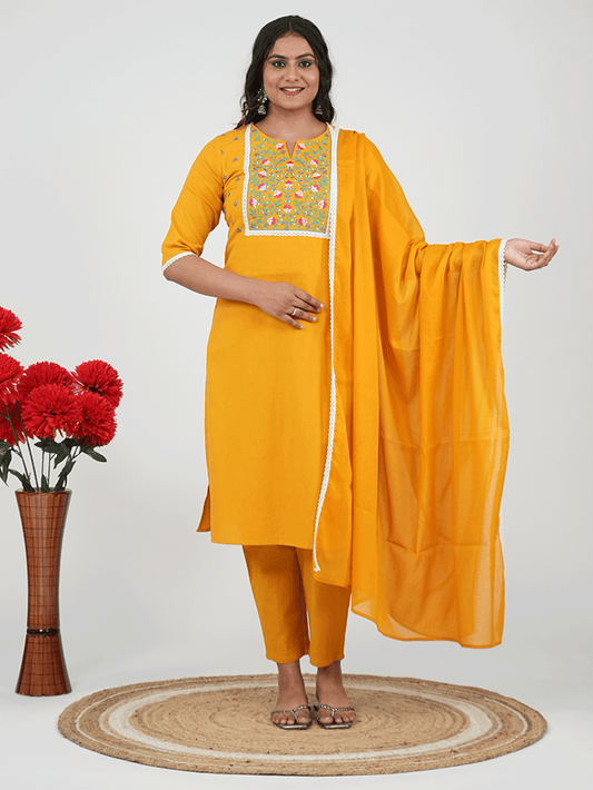 Embroidered Linen Cotton Solid Straight Yellow Kurta