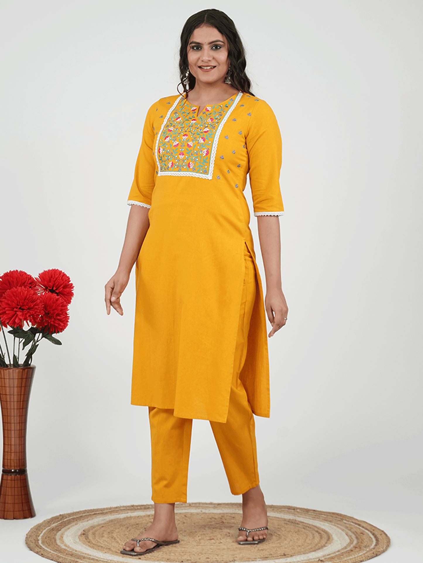 Embroidered Linen Cotton Solid Straight Yellow Kurta
