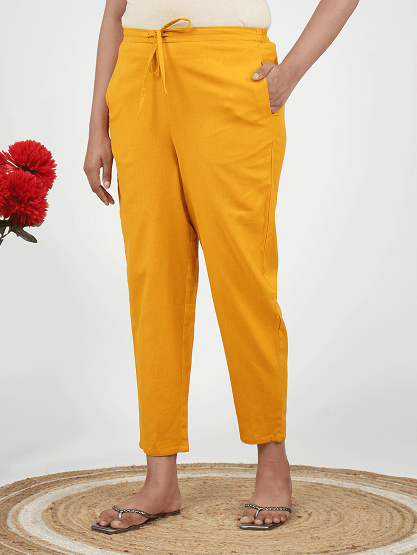 Embroidered Linen Cotton Solid Straight Yellow Kurta