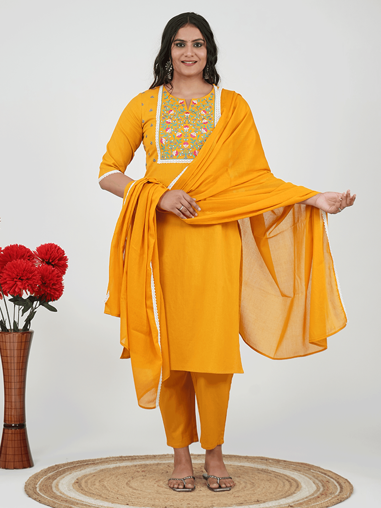 Embroidered Linen Cotton Solid Straight Yellow Kurta