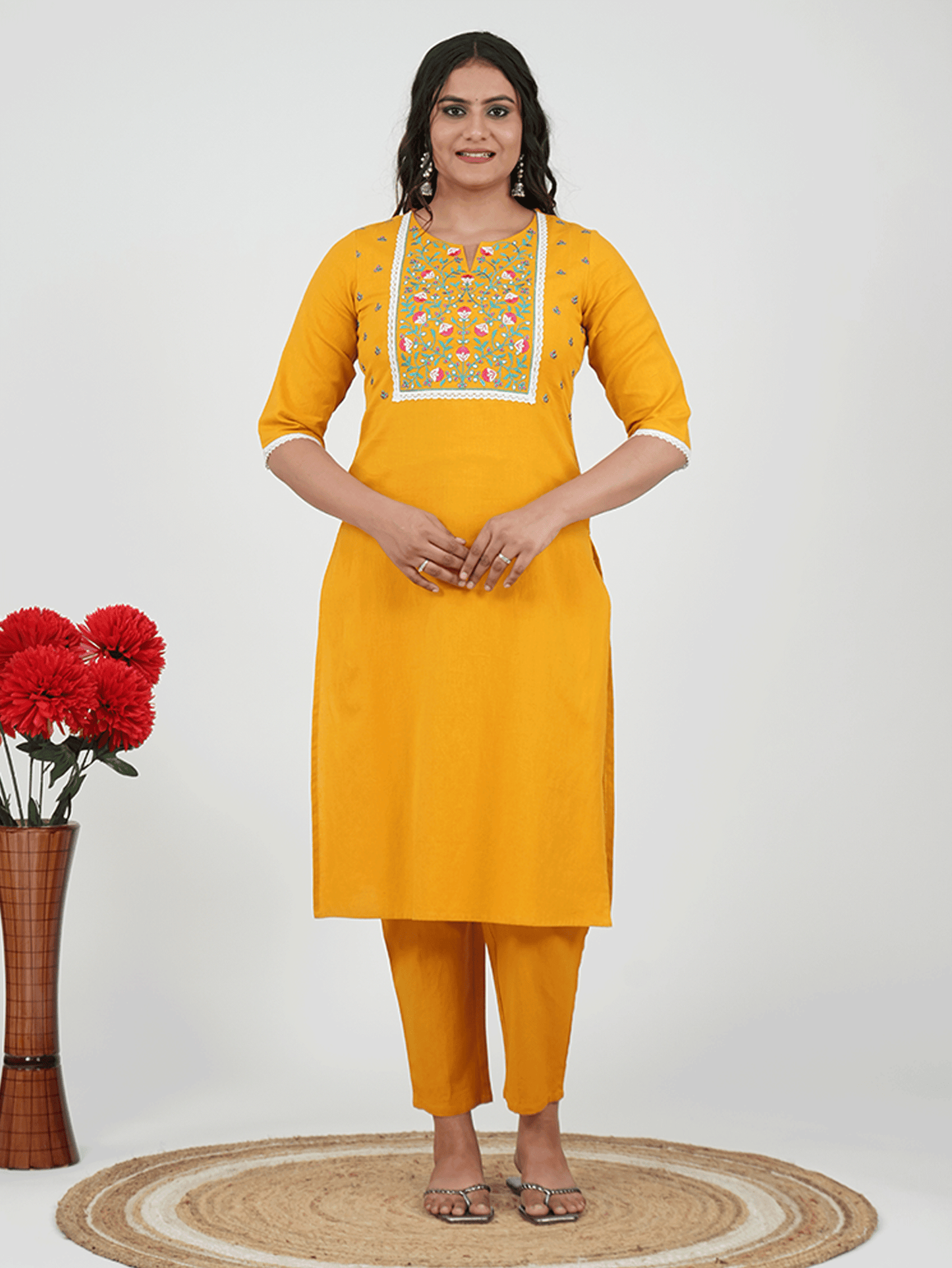 Embroidered Linen Cotton Solid Straight Yellow Kurta