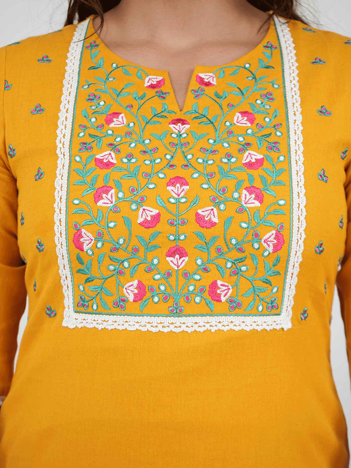 Embroidered Linen Cotton Solid Straight Yellow Kurta