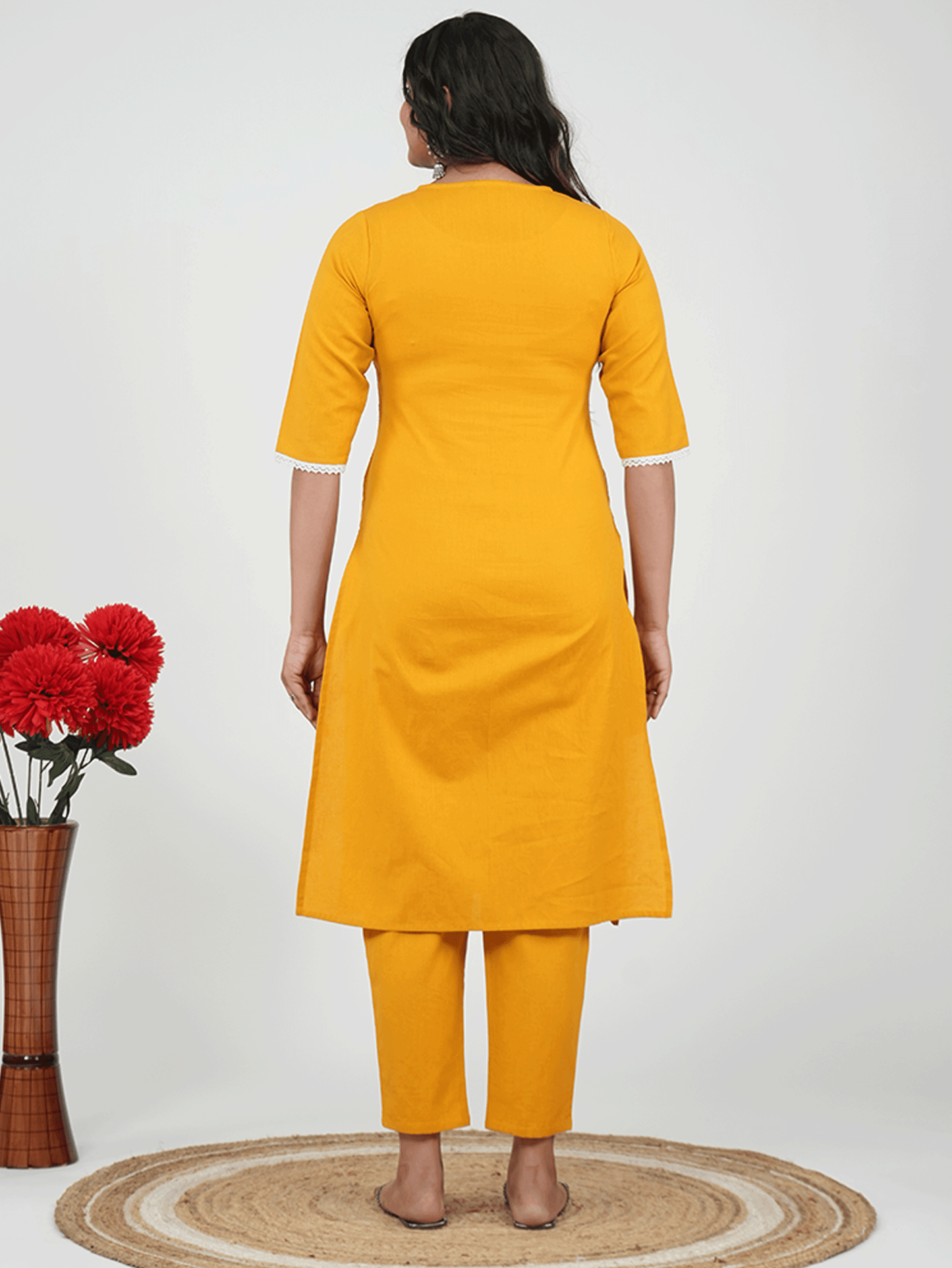 Embroidered Linen Cotton Solid Straight Yellow Kurta