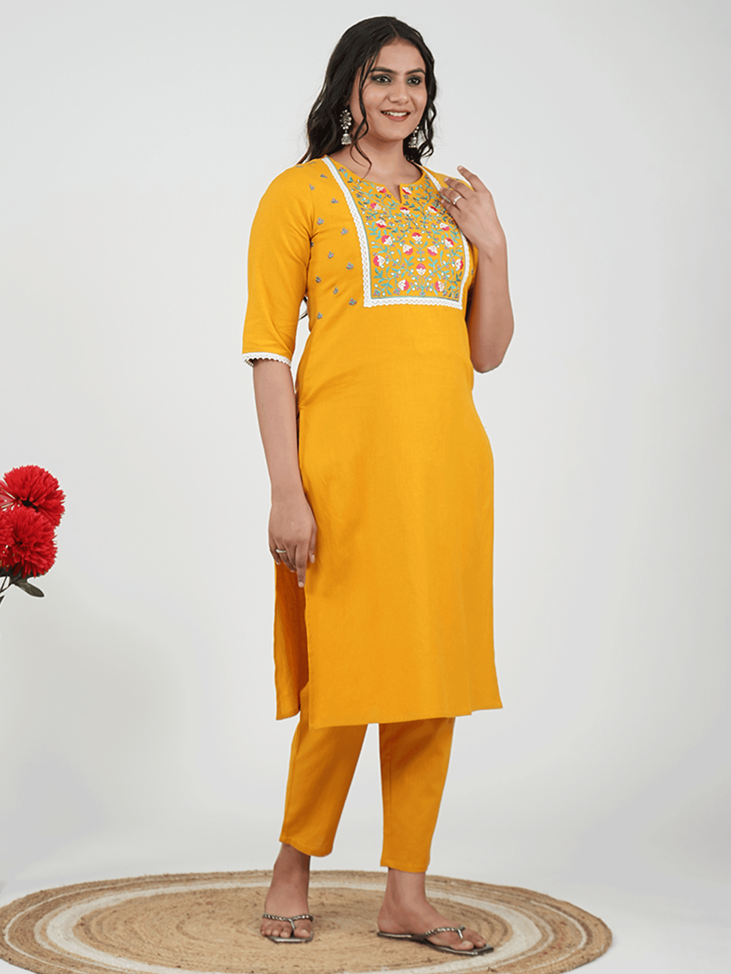 Embroidered Linen Cotton Solid Straight Yellow Kurta