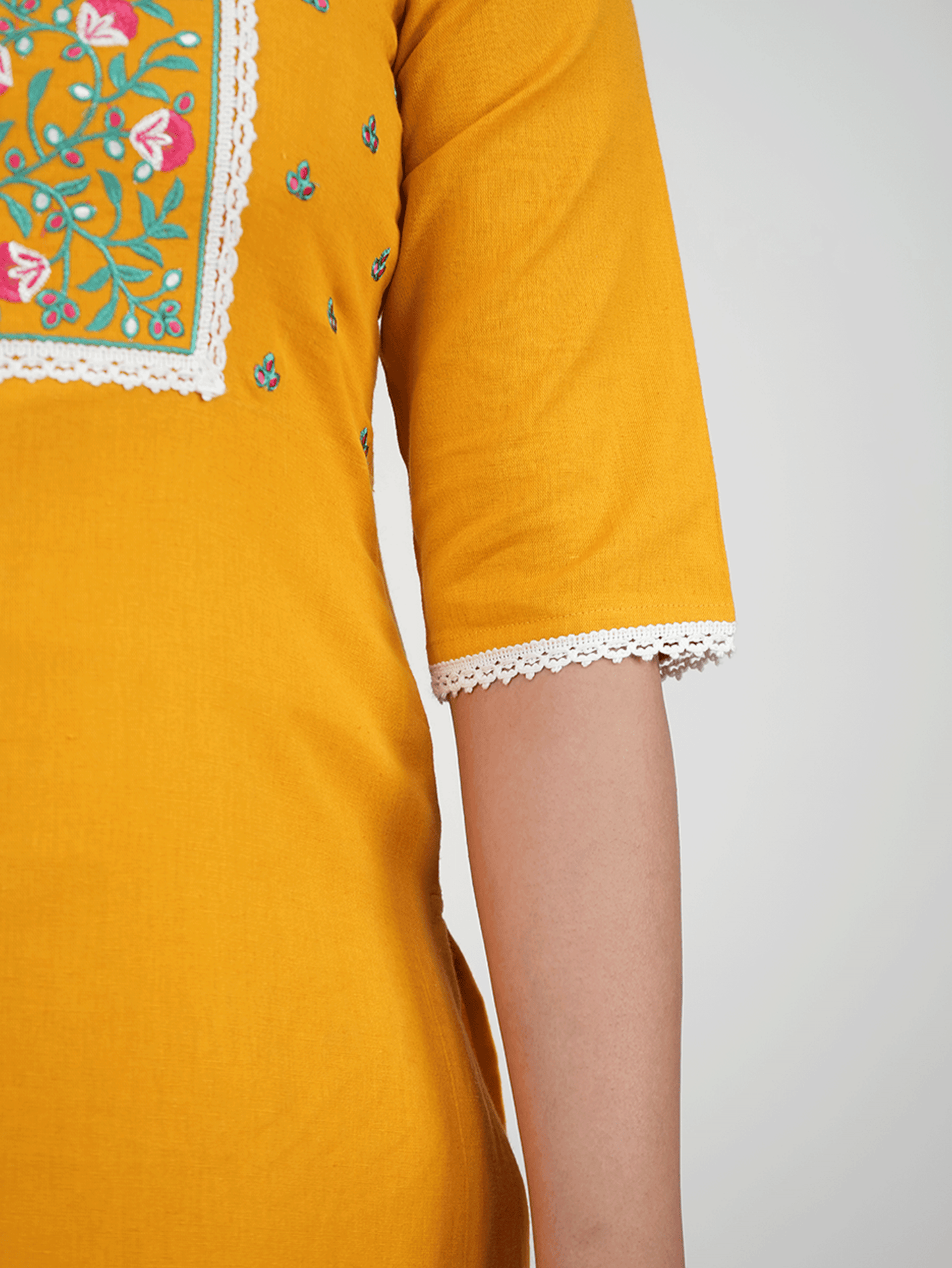 Embroidered Linen Cotton Solid Straight Yellow Kurta