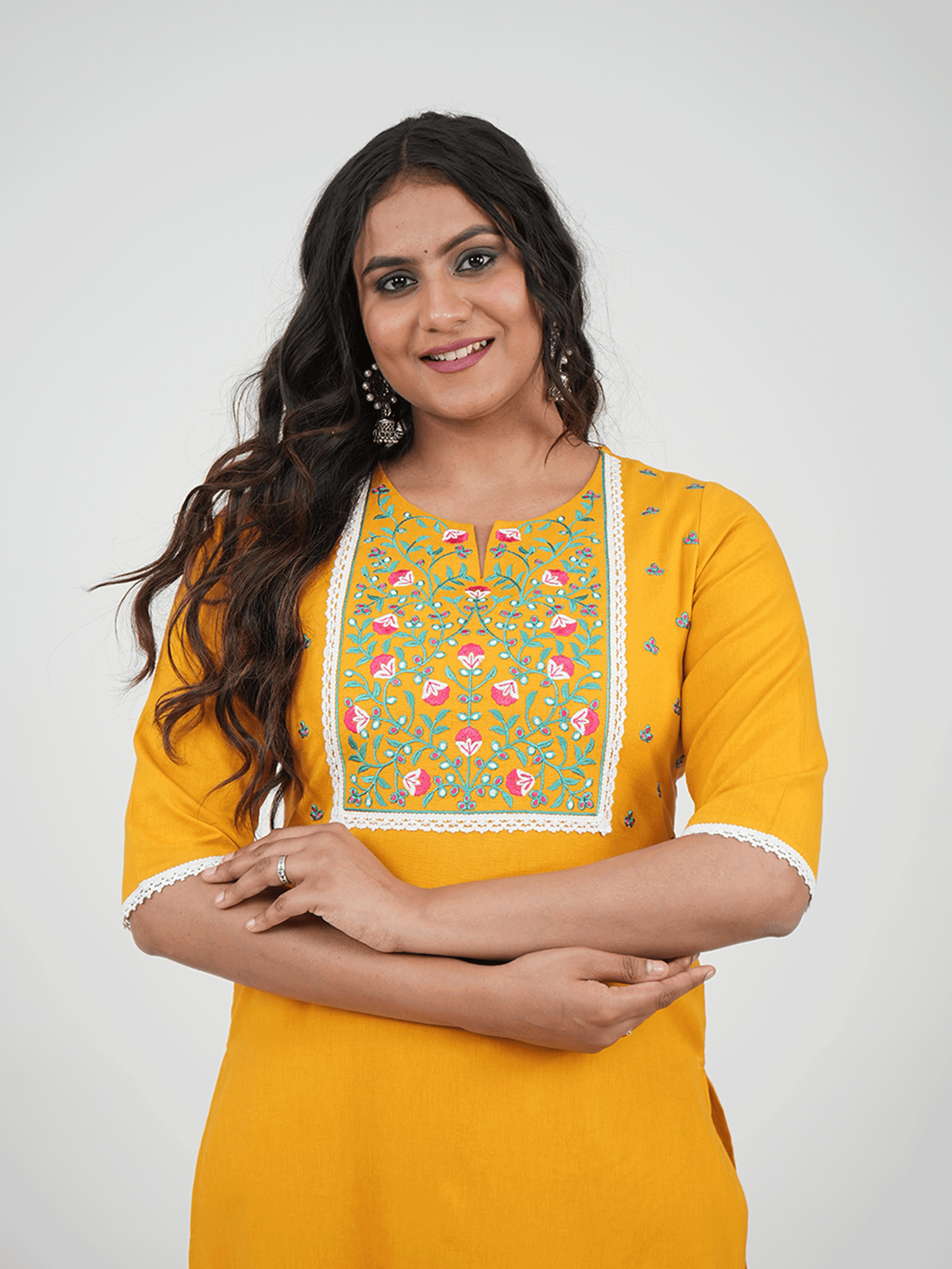Embroidered Linen Cotton Solid Straight Yellow Kurta