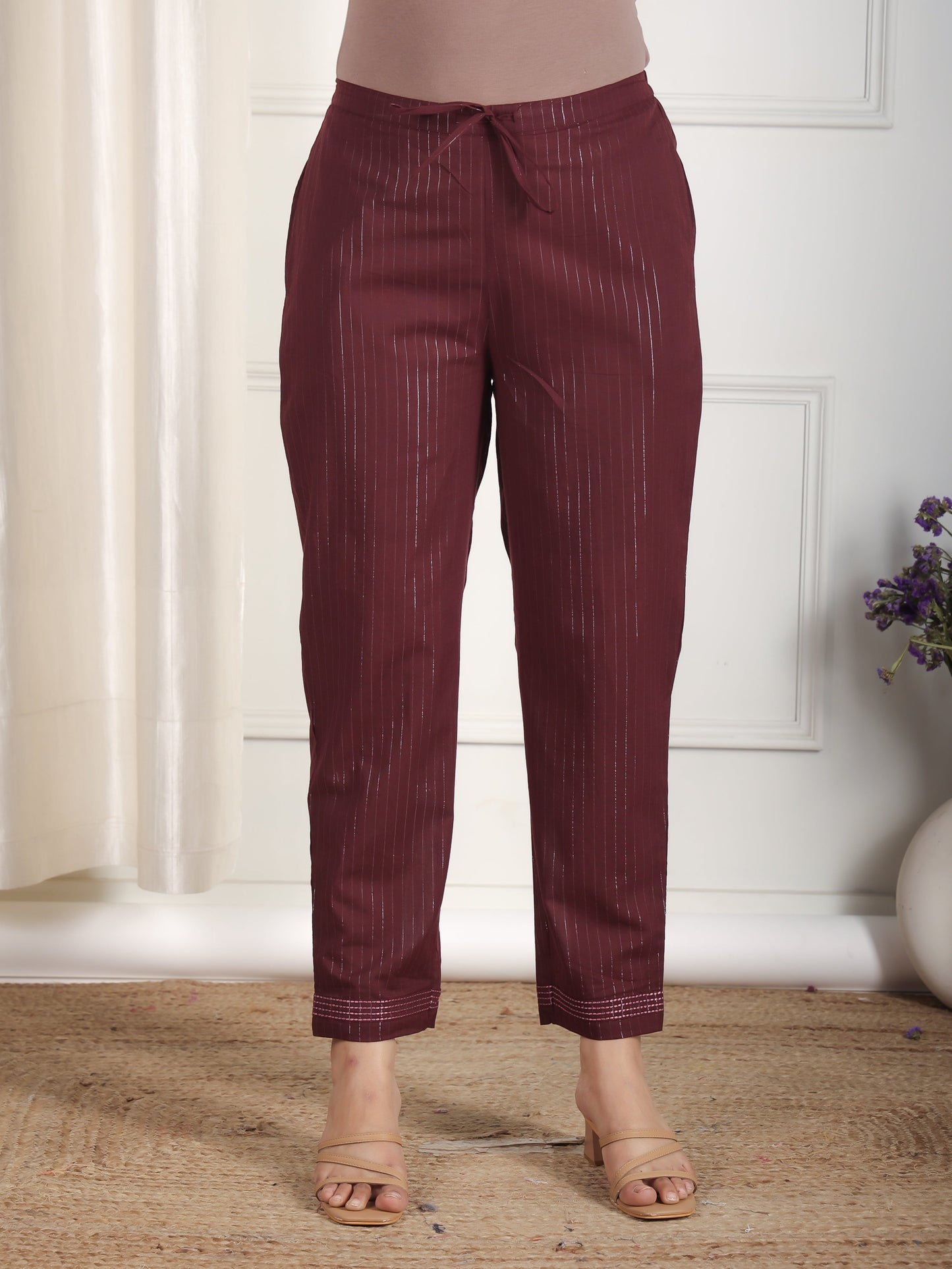 Embroidered Lurex Cotton Solid Brown Tapered Trousers