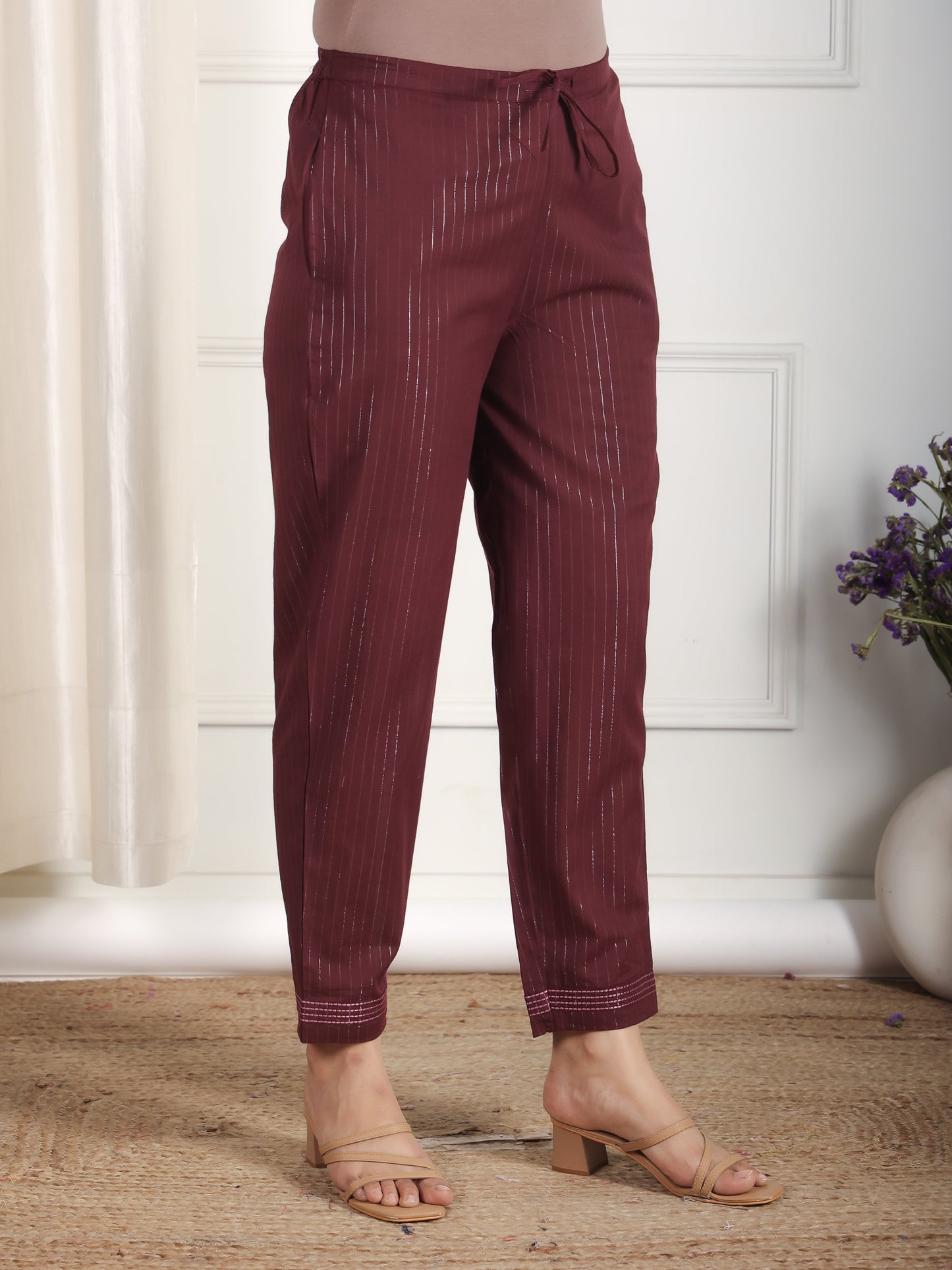 Embroidered Lurex Cotton Solid Brown Tapered Trousers